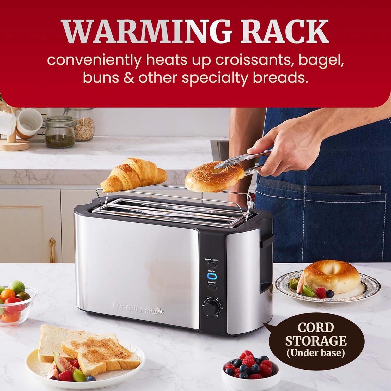 Highlights two distinct product features: the warming rack for heating specialty breads and the convenient cord storage under the base, demonstrating the toaster's versatility and thoughtful design.