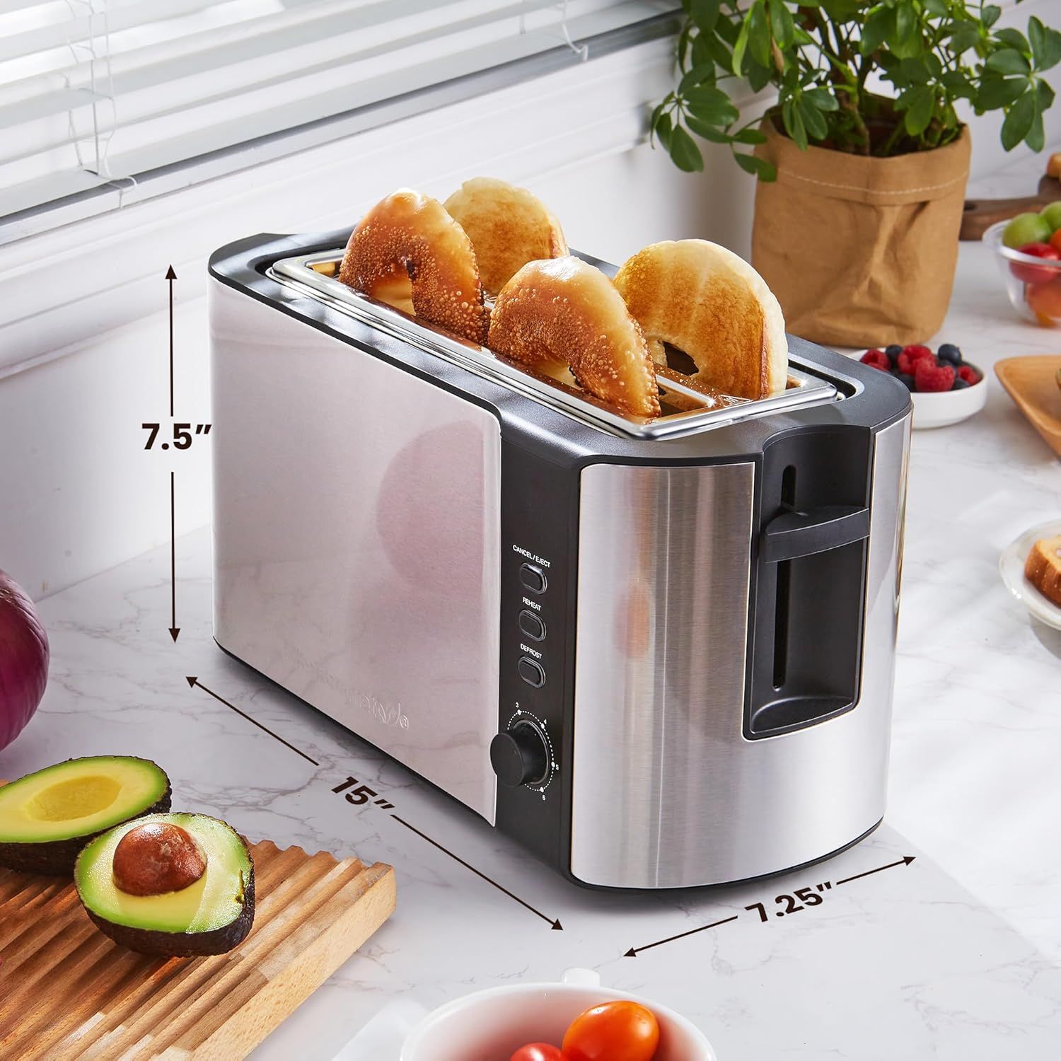 Shows the exact physical dimensions of the toaster (7.5" height, 15" width, 7.25" depth) to help shoppers understand if it will fit on their countertop.