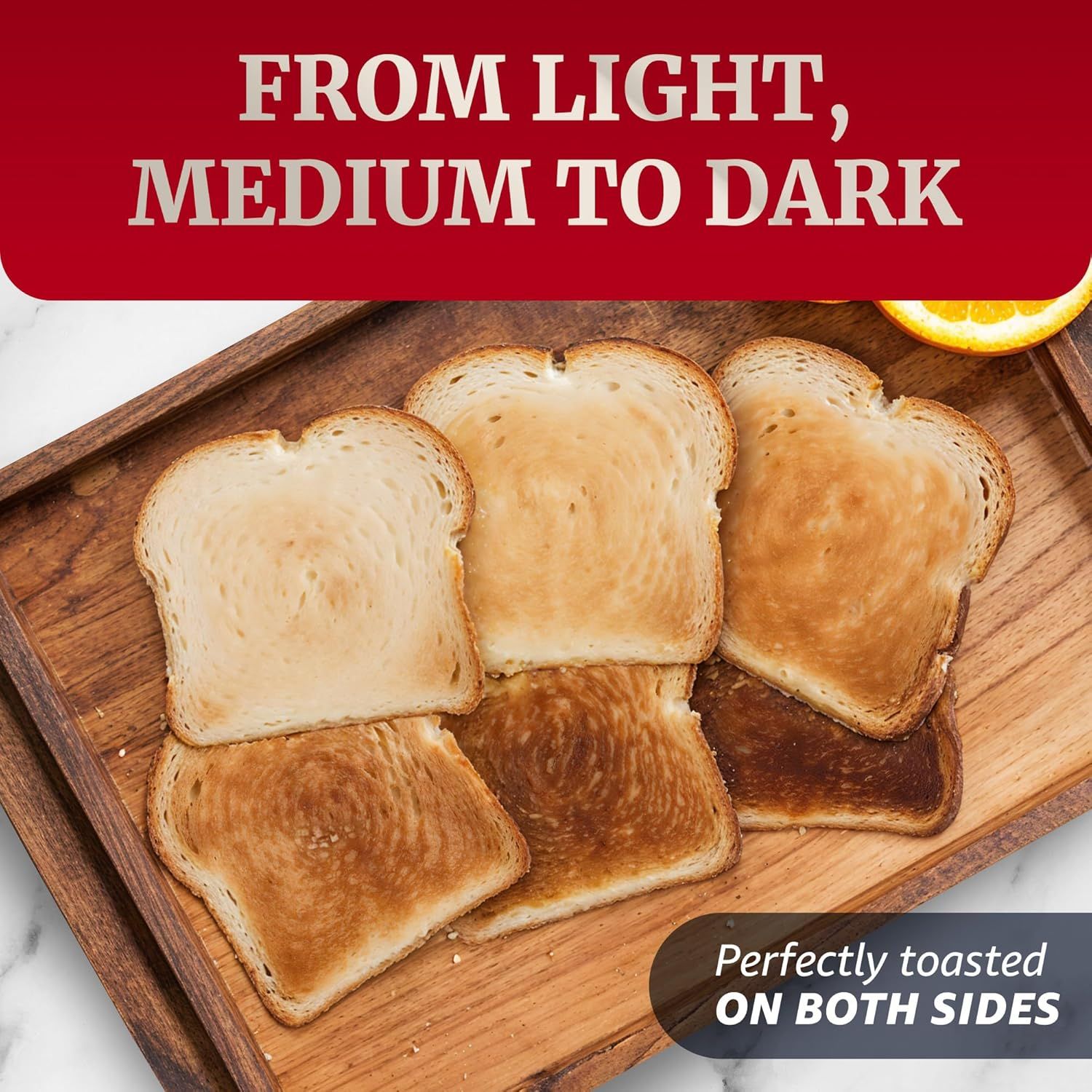 Demonstrates the product's ability to toast bread at multiple browning levels (light, medium, dark) and toast evenly on both sides, reassuring shoppers of consistent, customizable results.