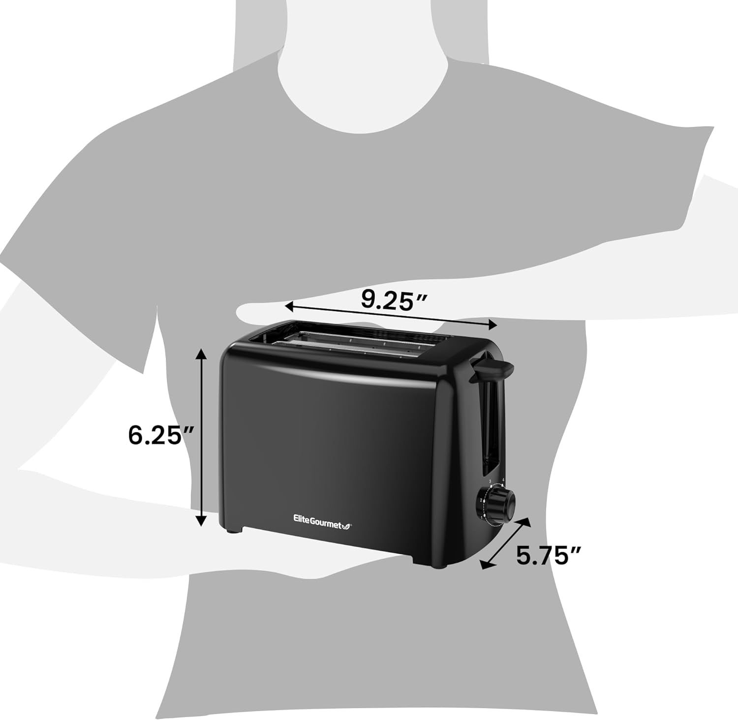 Communicates the exact physical dimensions of the toaster (9.25" x 6.25" x 5.75") using a human scale reference to help shoppers understand how much counter space it requires and whether it fits…