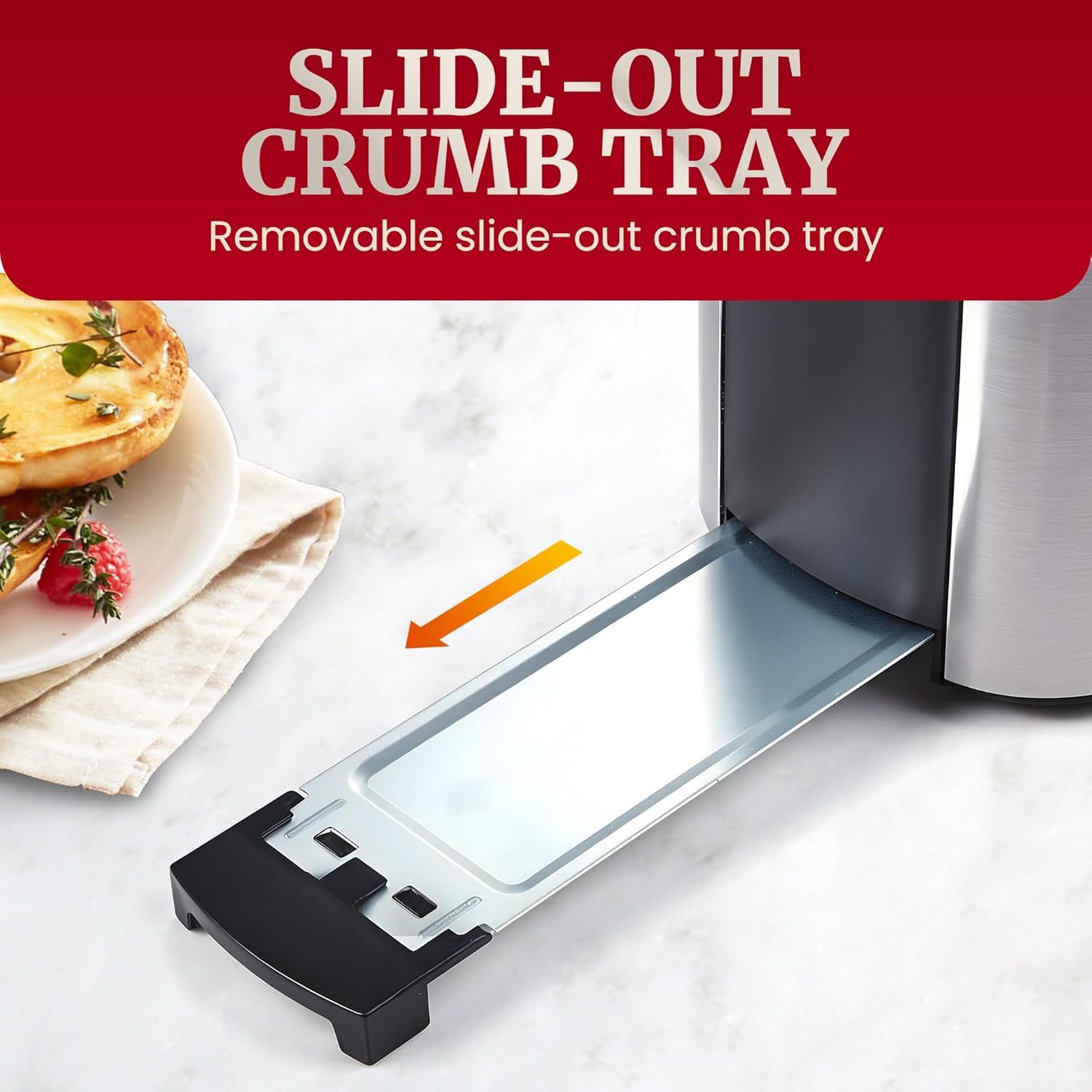 Highlights the removable slide-out crumb tray feature to show shoppers how easy it is to clean the toaster. Communicates the convenience benefit of the removable crumb tray for hassle-free…