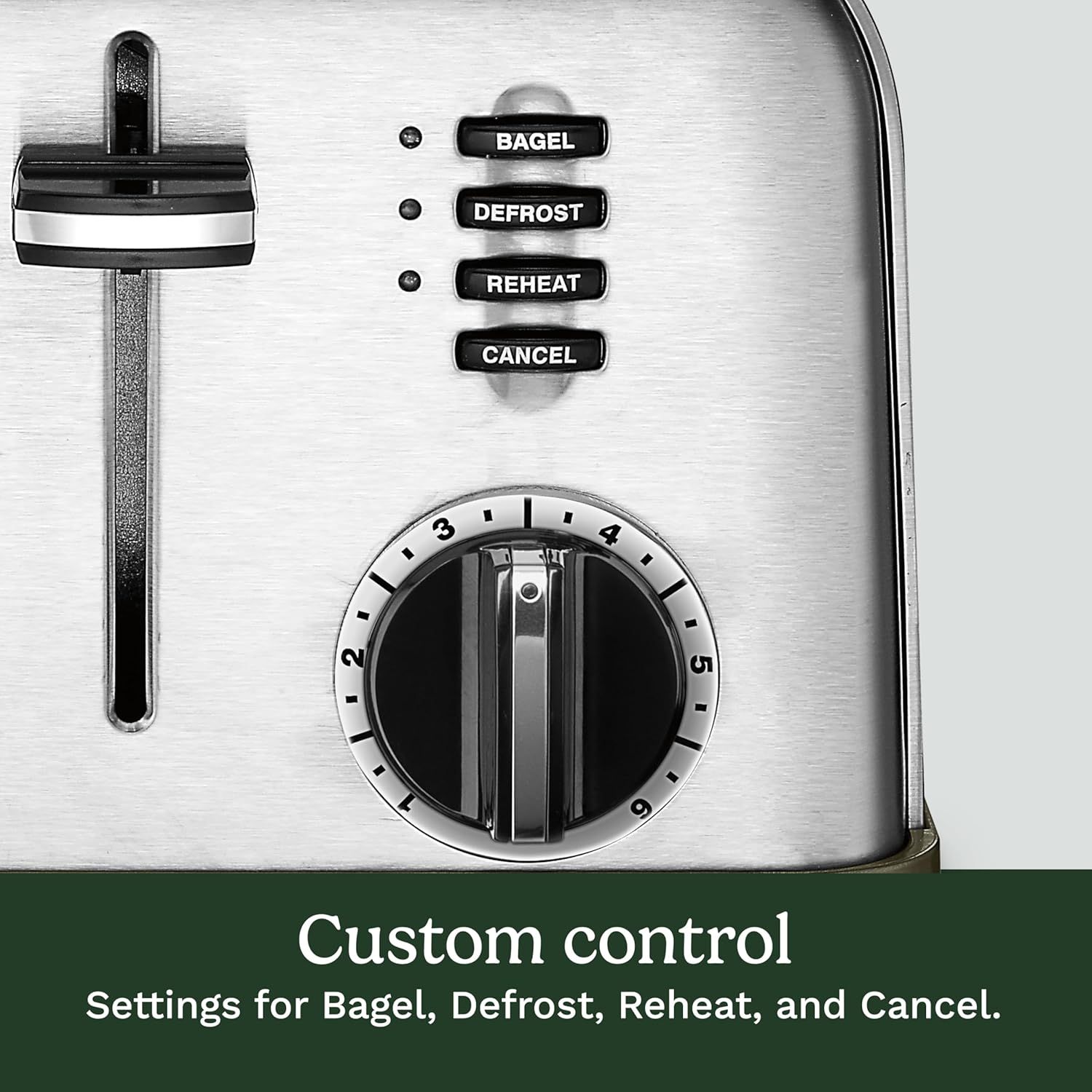 Highlights the toaster's control interface, showing the custom settings available (Bagel, Defrost, Reheat, Cancel) and the timer dial to reassure shoppers of the product's versatility and ease of use.