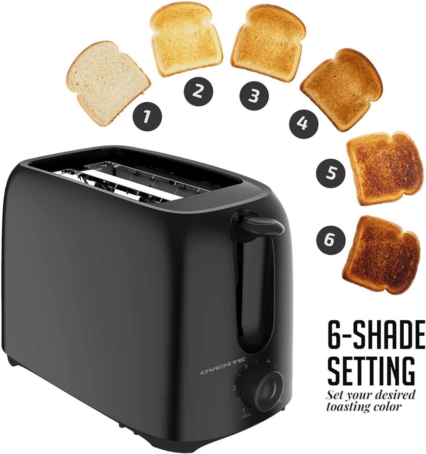 Demonstrates the toaster's adjustable browning control feature, showing shoppers they can customize their toast from light to dark across six different shade levels.