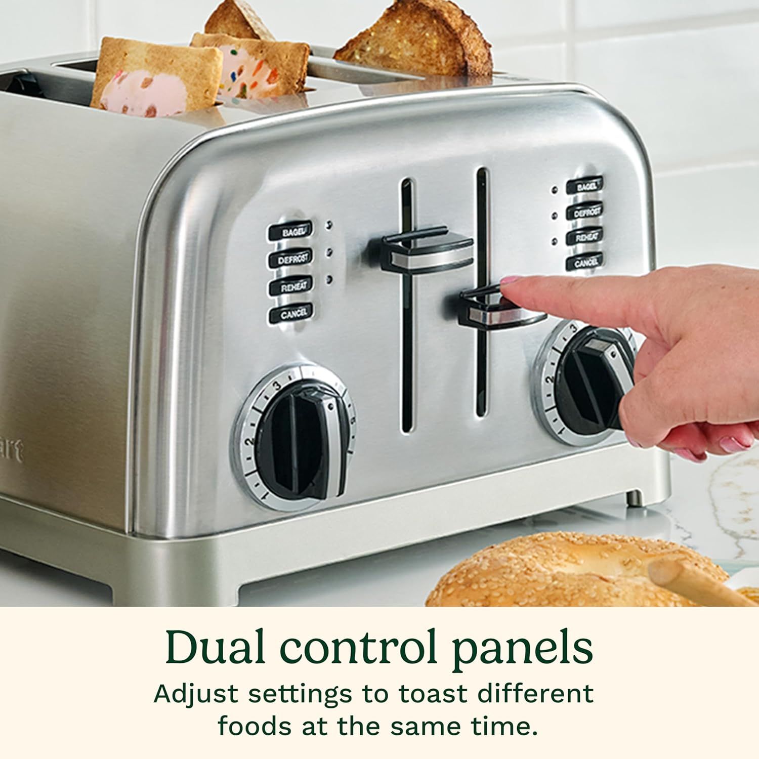 Highlights the dual control panel feature that allows users to independently adjust toasting settings for different foods simultaneously, emphasizing convenience and versatility.