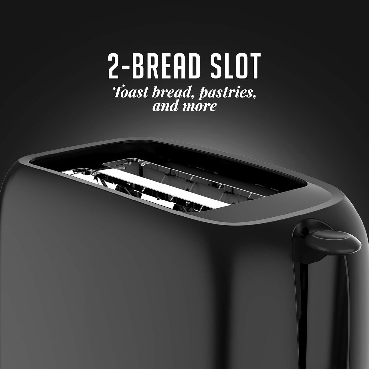 Highlights the toaster's 2-bread slot capacity to communicate versatility and convenience for toasting bread, pastries, and more.
