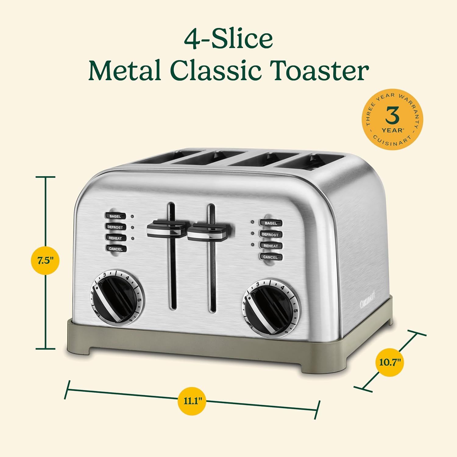 Communicates the exact physical dimensions of the toaster (11.1 x 10.7 x 7.5 inches) to help shoppers understand how much counter space it will require.