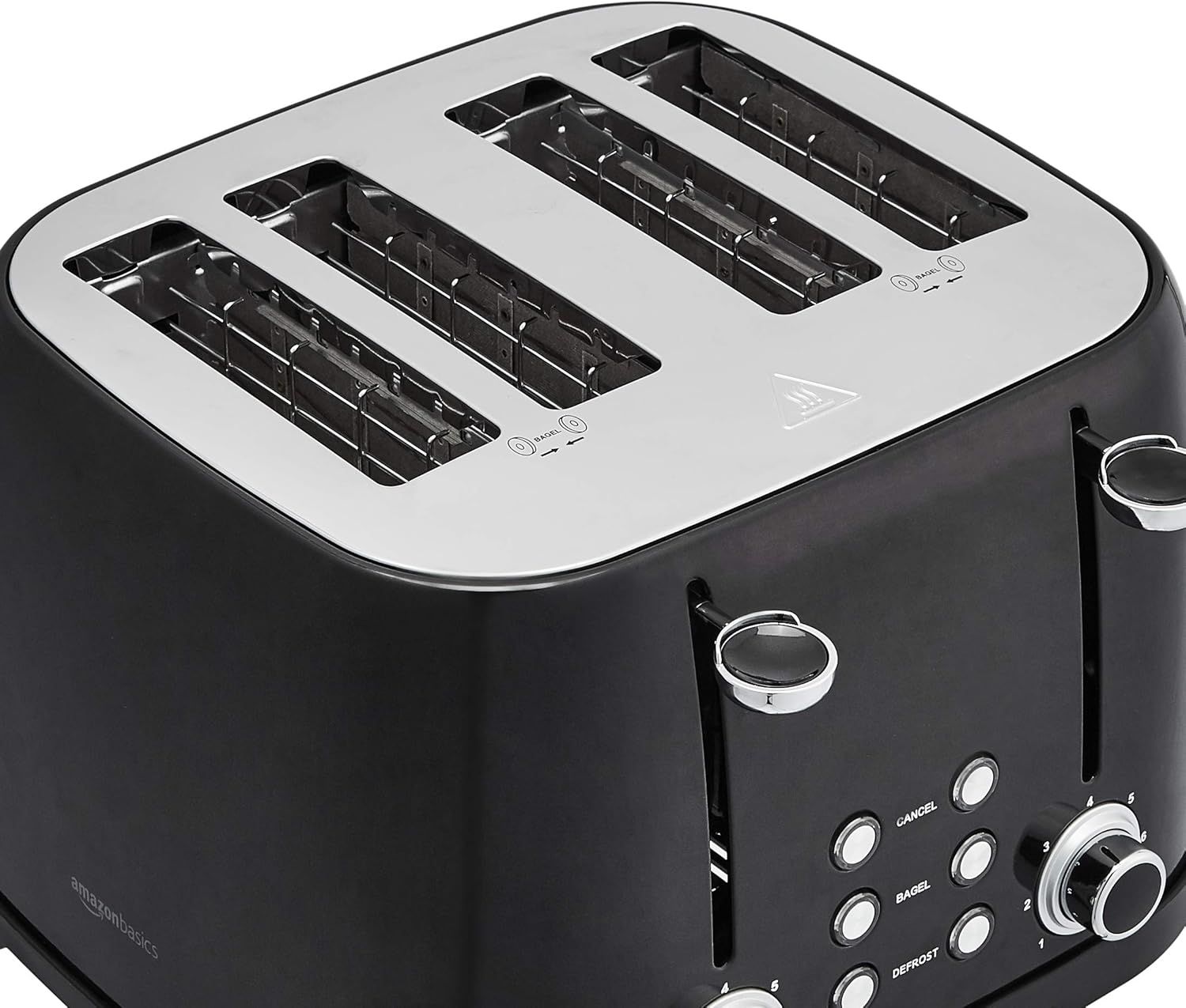 Provides a clear, unobstructed view of the 4-slice toaster's design, build quality, and control panel to help shoppers evaluate the product's appearance and features.