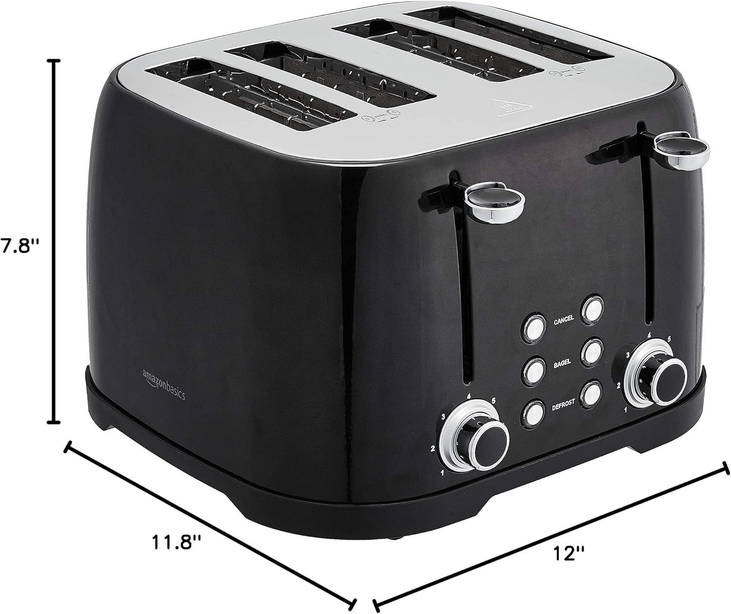 Communicates the exact physical dimensions of the toaster (7.8" height, 11.8" width, 12" depth) to help shoppers understand how much counter space it will occupy.