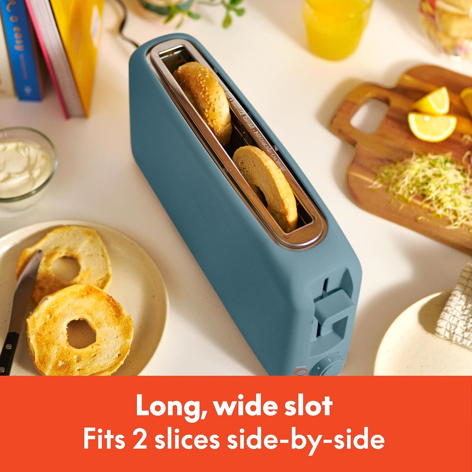 Highlights the toaster's extra-wide slot capacity that can accommodate two slices of bread side-by-side, emphasizing convenience and versatility for different bread sizes.