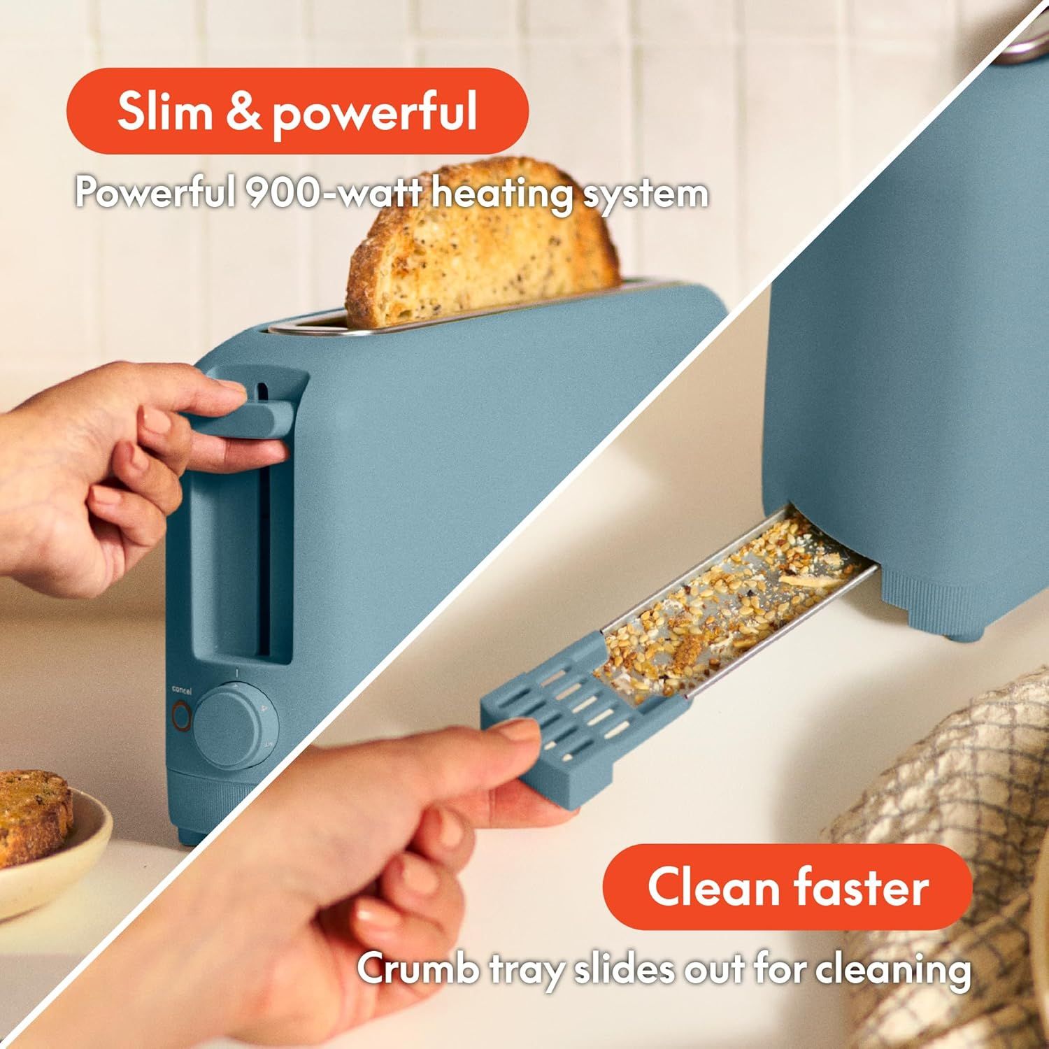Communicates two distinct product benefits in a visually segmented layout: the powerful heating performance and the convenient cleaning feature, reassuring shoppers of both functionality and ease of…
