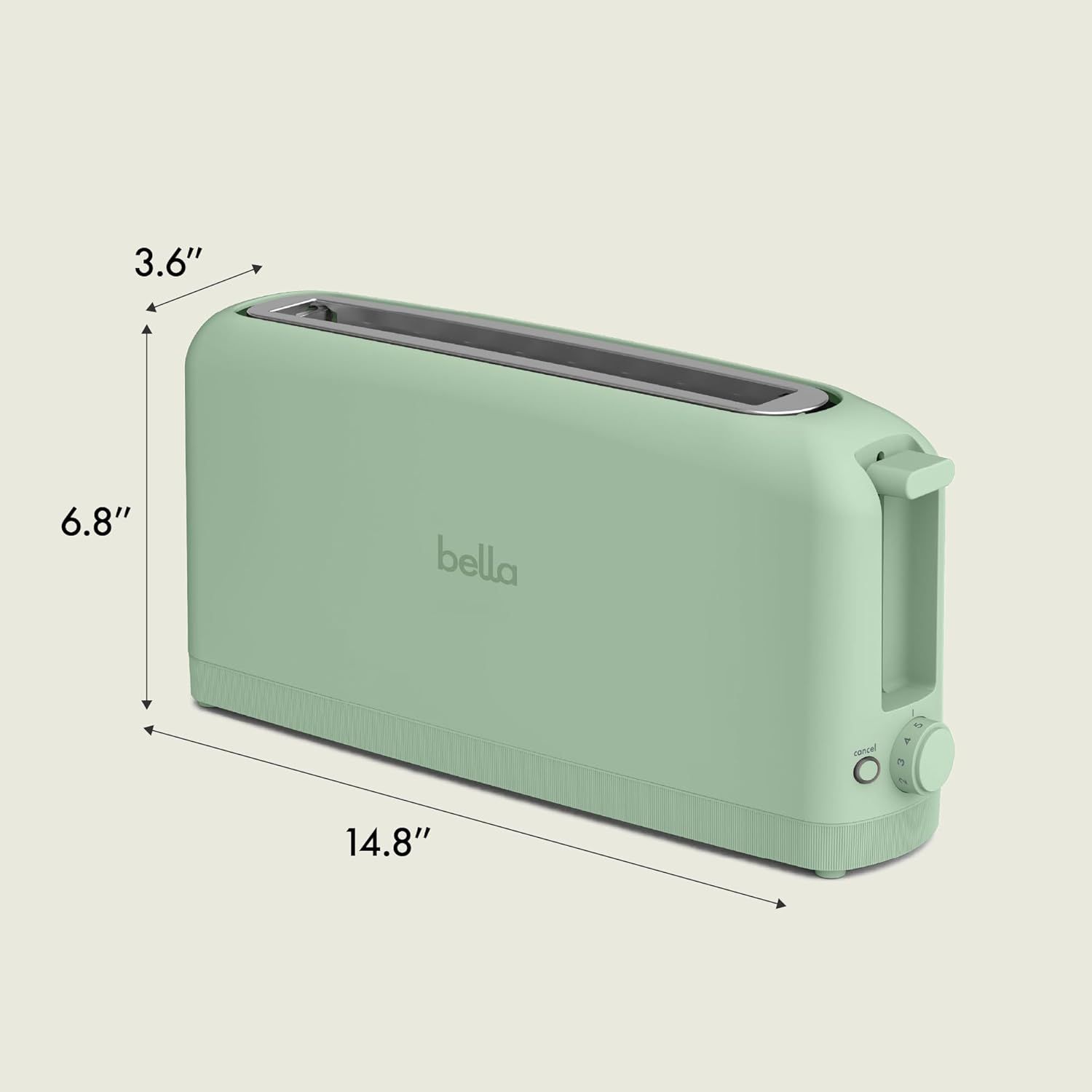 Communicates the exact physical dimensions of the toaster (14.8" x 6.8" x 3.6") to help shoppers understand its size and determine if it will fit in their kitchen space.