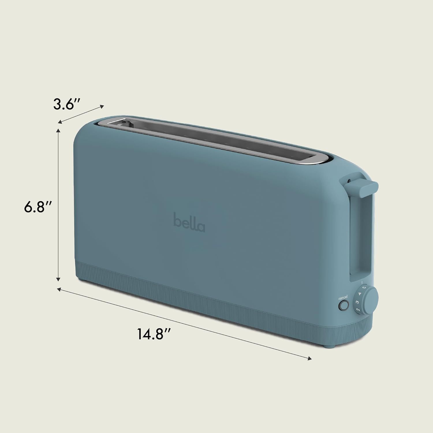 Communicates the exact physical dimensions of the toaster (14.8" x 6.8" x 3.6") to help shoppers understand its size and whether it will fit in their kitchen space.