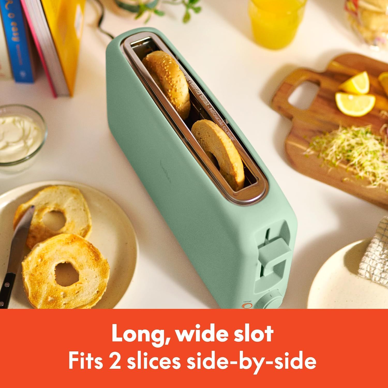Highlights the toaster's extra-wide slot capacity that can accommodate two slices of bread side-by-side, emphasizing convenience and versatility for different bread sizes.
