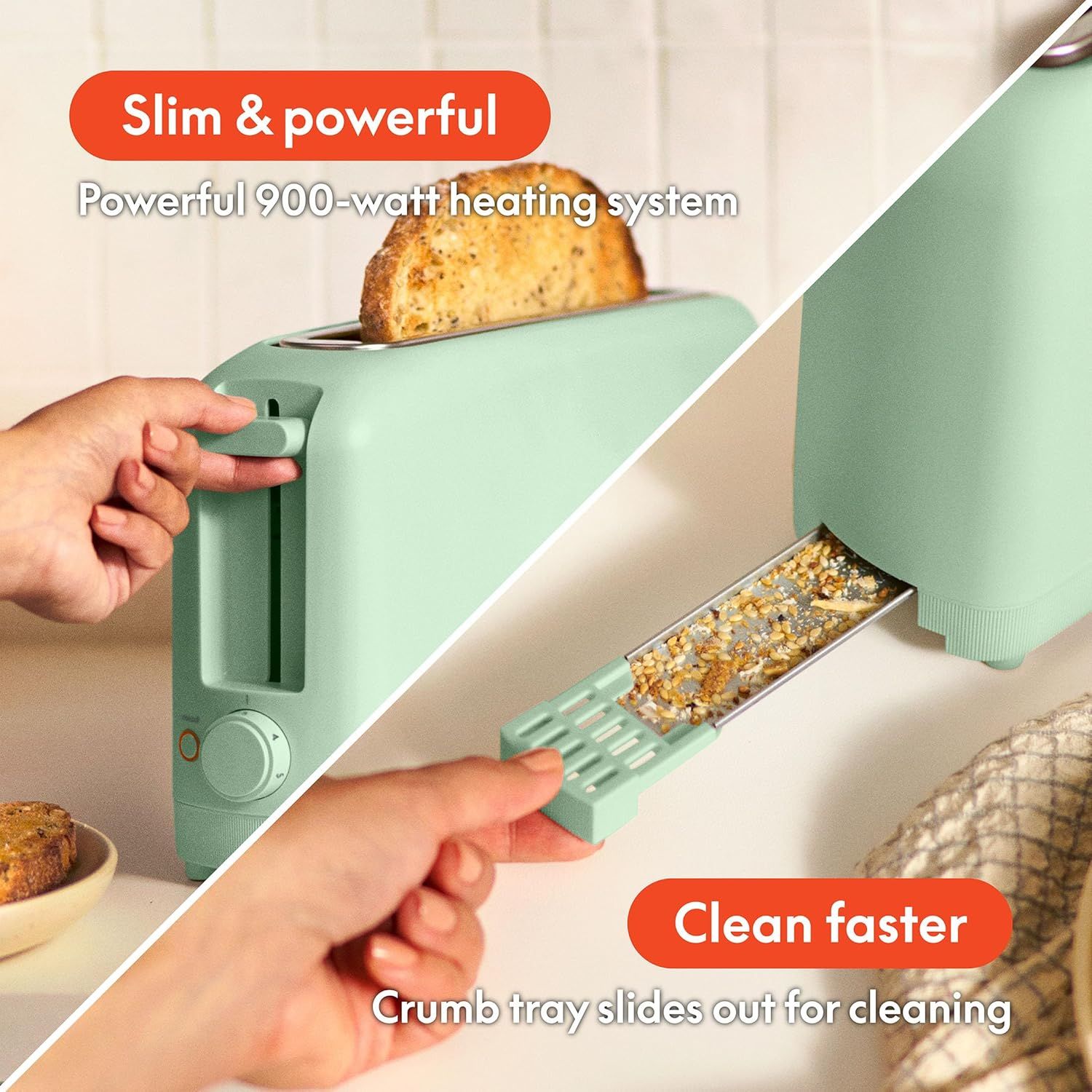 Communicates two distinct product benefits in a split-panel layout: the powerful heating performance and the convenient cleaning feature, reassuring shoppers of both functionality and ease of…