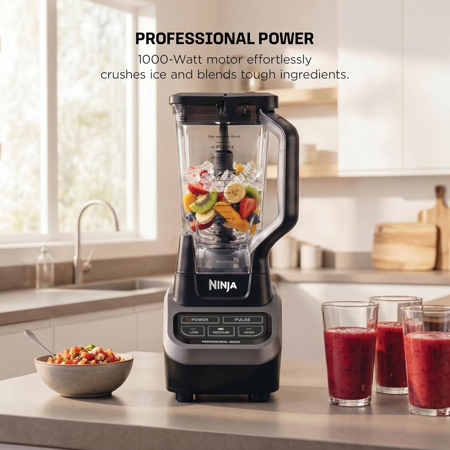 Communicates the powerful 1000-watt motor specification to reassure shoppers that the blender can handle tough blending tasks like crushing ice and tough ingredients. Highlights the…