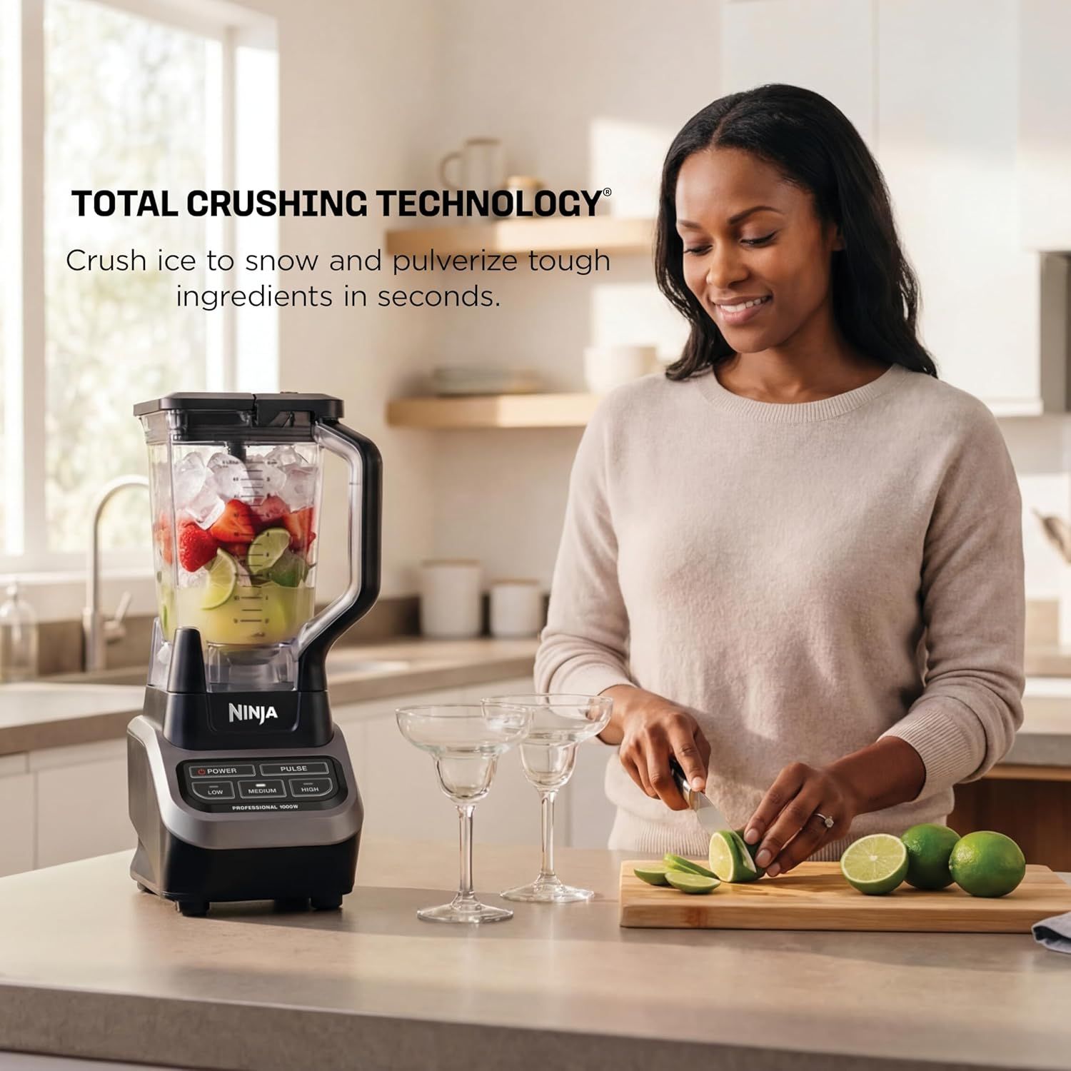 Highlights the blender's proprietary Total Crushing Technology that can crush ice and pulverize tough ingredients in seconds, reassuring shoppers of its powerful performance and versatility.