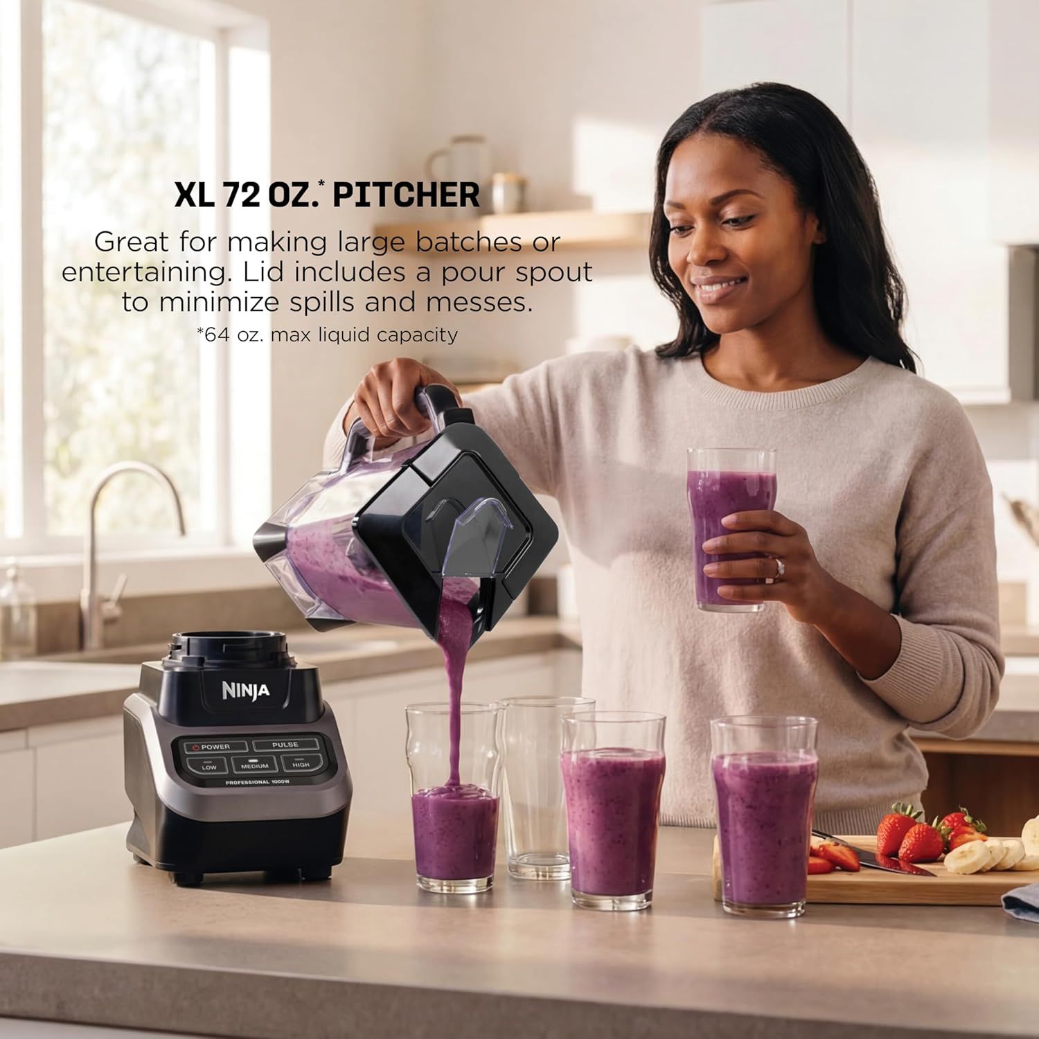 Communicates the large capacity of the pitcher to reassure shoppers it can handle big batches for entertaining or family use. Highlights the pitcher's large capacity and spill-minimizing pour spout…