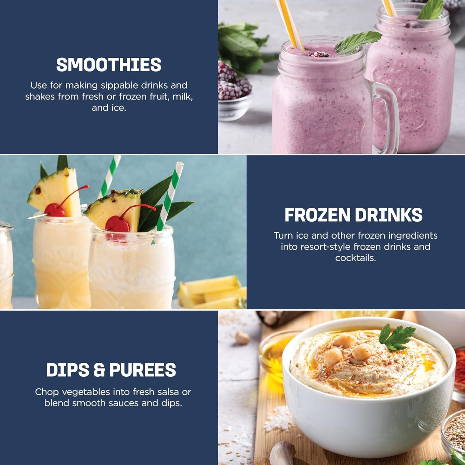 Demonstrates multiple use cases for the product (likely a blender) by showing three distinct applications: making smoothies, creating frozen cocktails, and preparing dips and purees. This reassures…