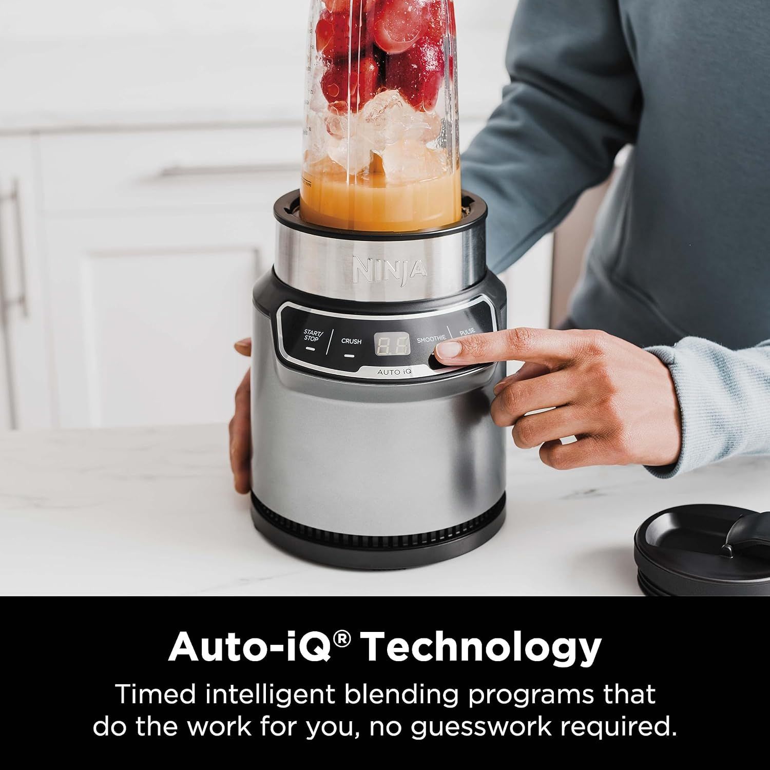 Highlights the Auto-iQ Technology feature that provides timed intelligent blending programs, reassuring shoppers that the blender automates the blending process with no guesswork required.