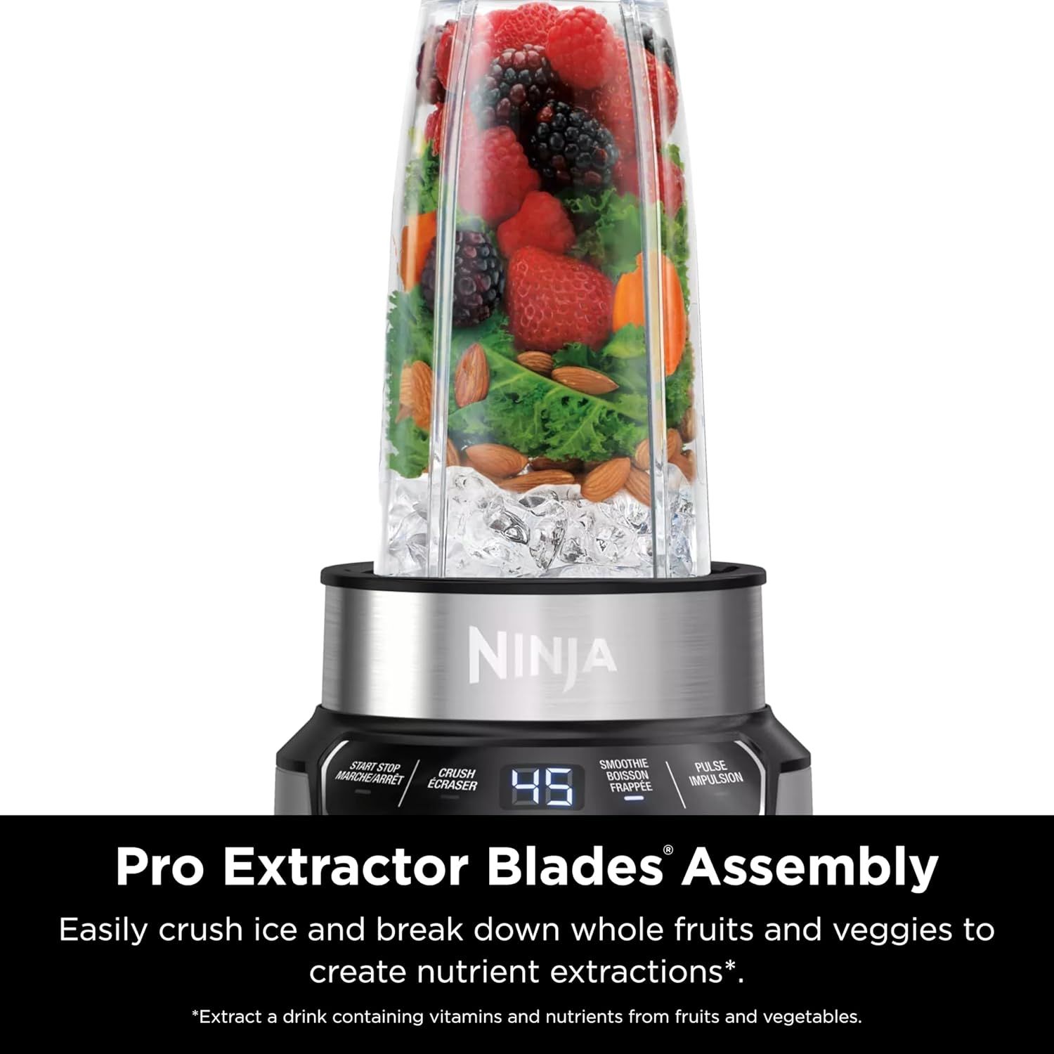 Highlights the Pro Extractor Blades Assembly feature that enables the blender to crush ice and break down whole fruits and vegetables to create nutrient extractions, reassuring shoppers of the…