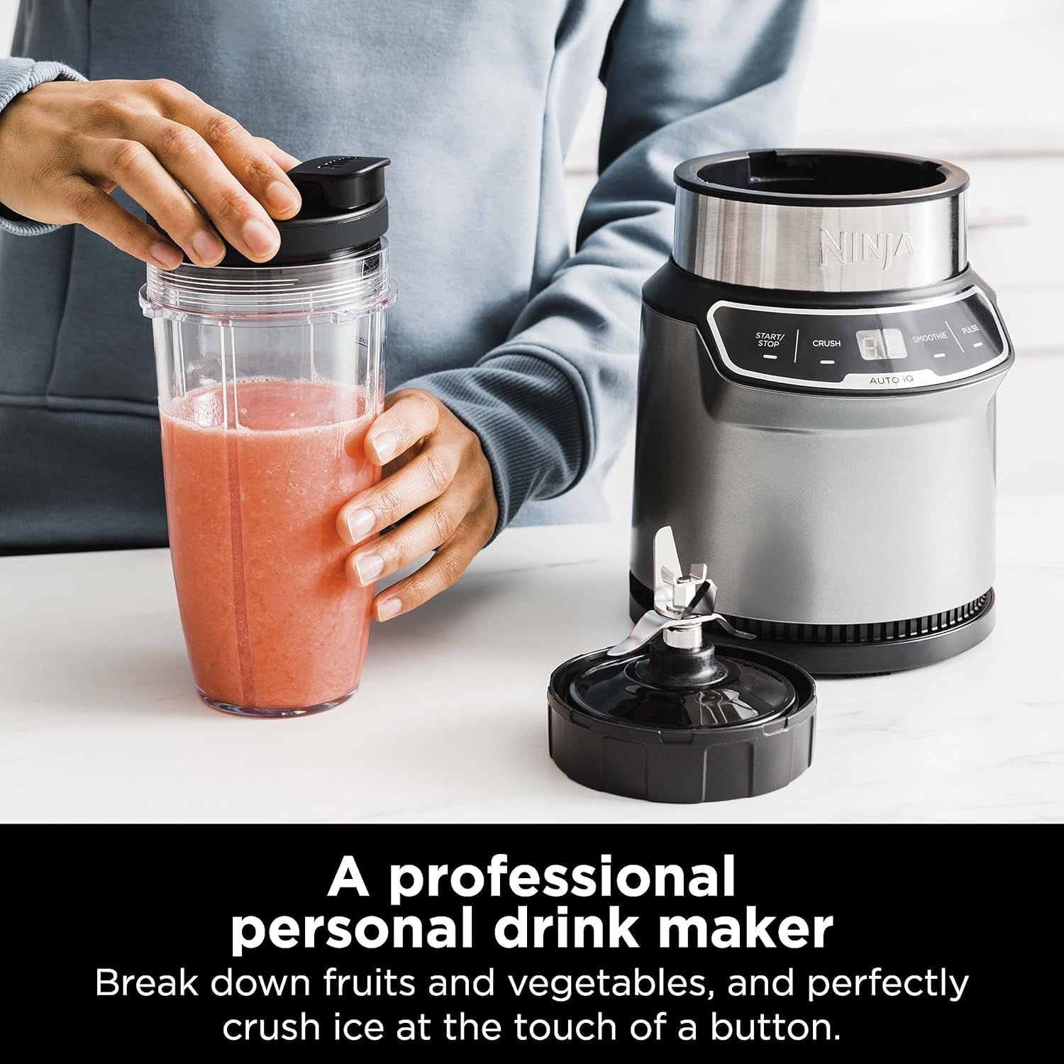 Communicates the product's ability to function as a professional-quality personal drink maker that can break down fruits and vegetables and crush ice with simple button operation, emphasizing…