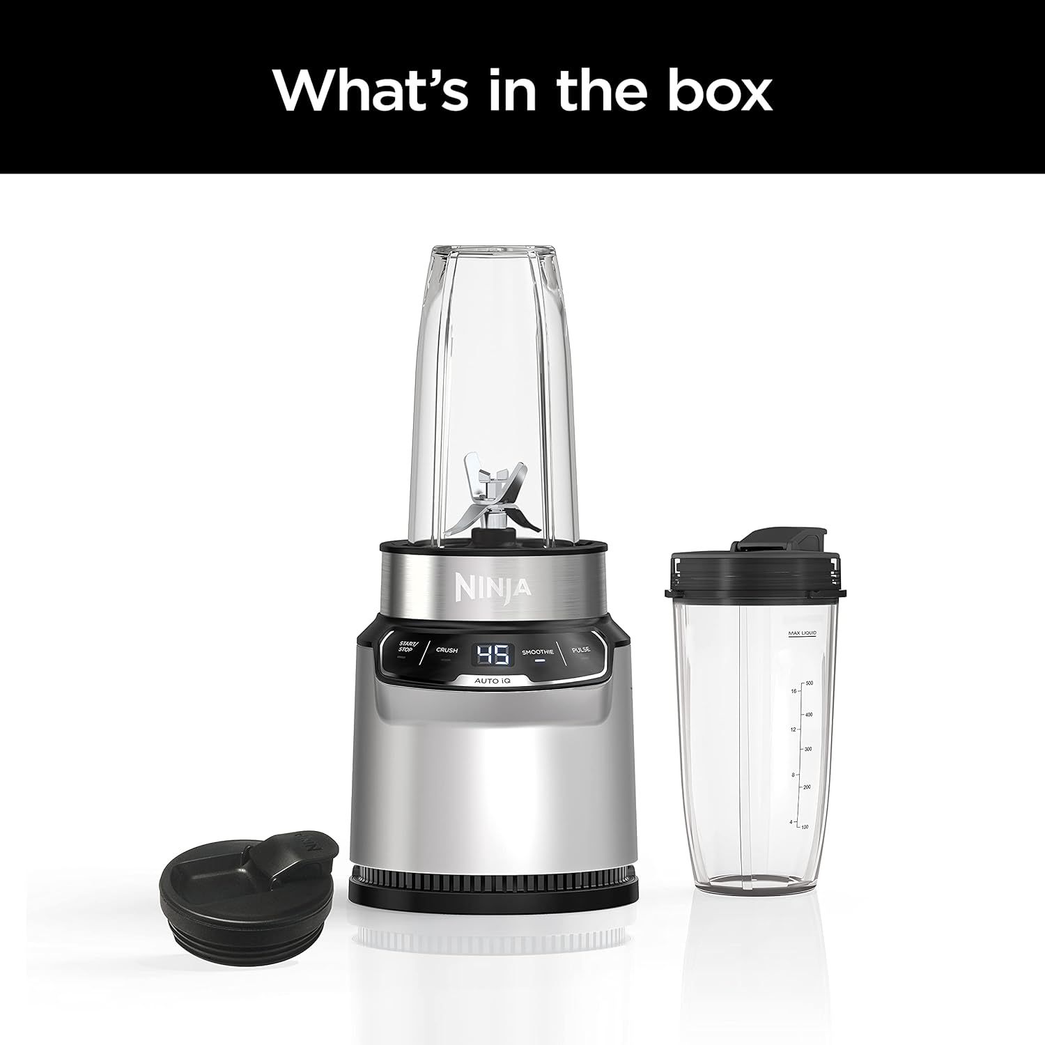 Shows all components included with the Ninja blender purchase: the main blender base unit, two blending cups of different sizes, and two lids, helping shoppers understand the complete value of what…
