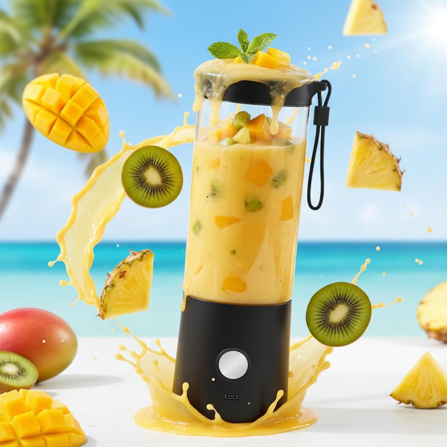 Showcases the portable blender in an aspirational tropical beach setting with fresh fruit, communicating the product's lifestyle appeal and use case for making fresh smoothies on-the-go.
