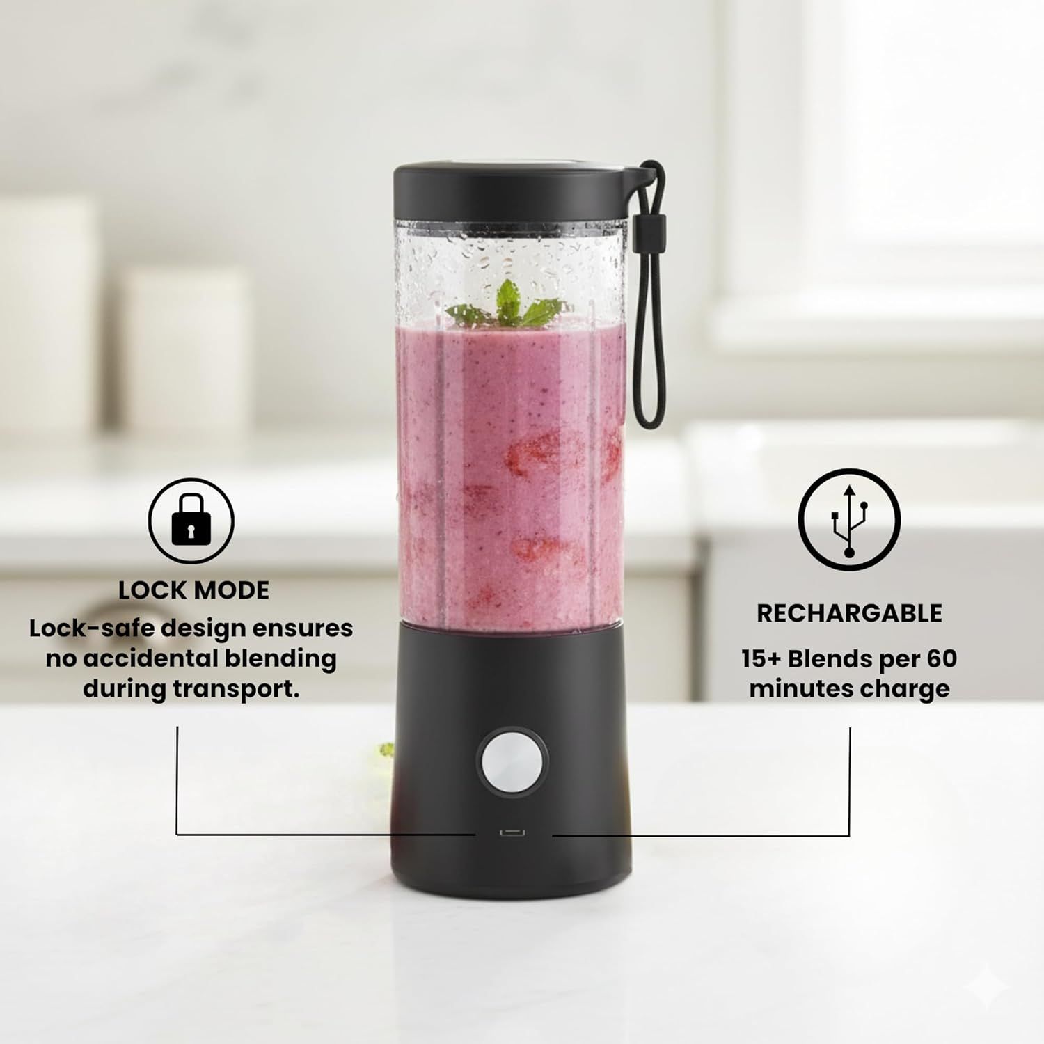 Highlights two distinct product benefits: the lock-safe design that prevents accidental blending during transport, and the rechargeable battery that provides 15+ blends per charge.