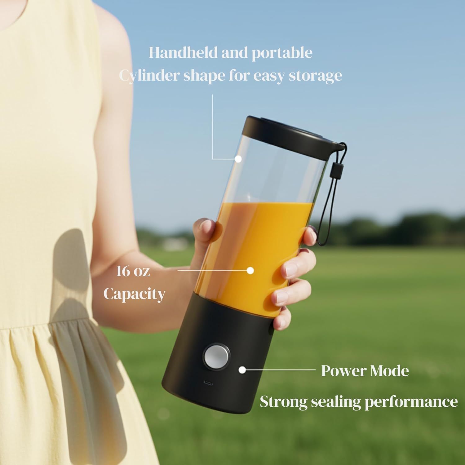 This image breaks down the key physical features and components of the portable blender, using callout lines to highlight portability, capacity, power functionality, and sealing performance to help…