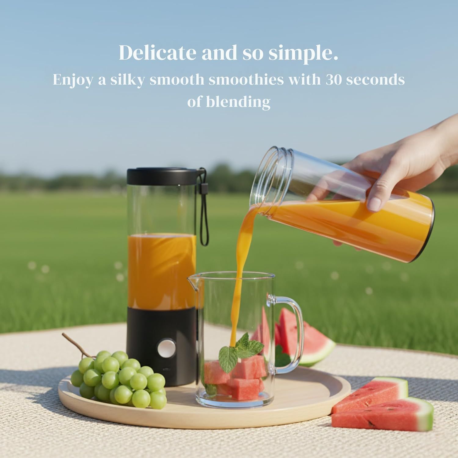 Communicates the speed and efficiency of the blender by highlighting that it can create silky smooth smoothies in just 30 seconds. Demonstrates the product's ability to quickly create smooth,…