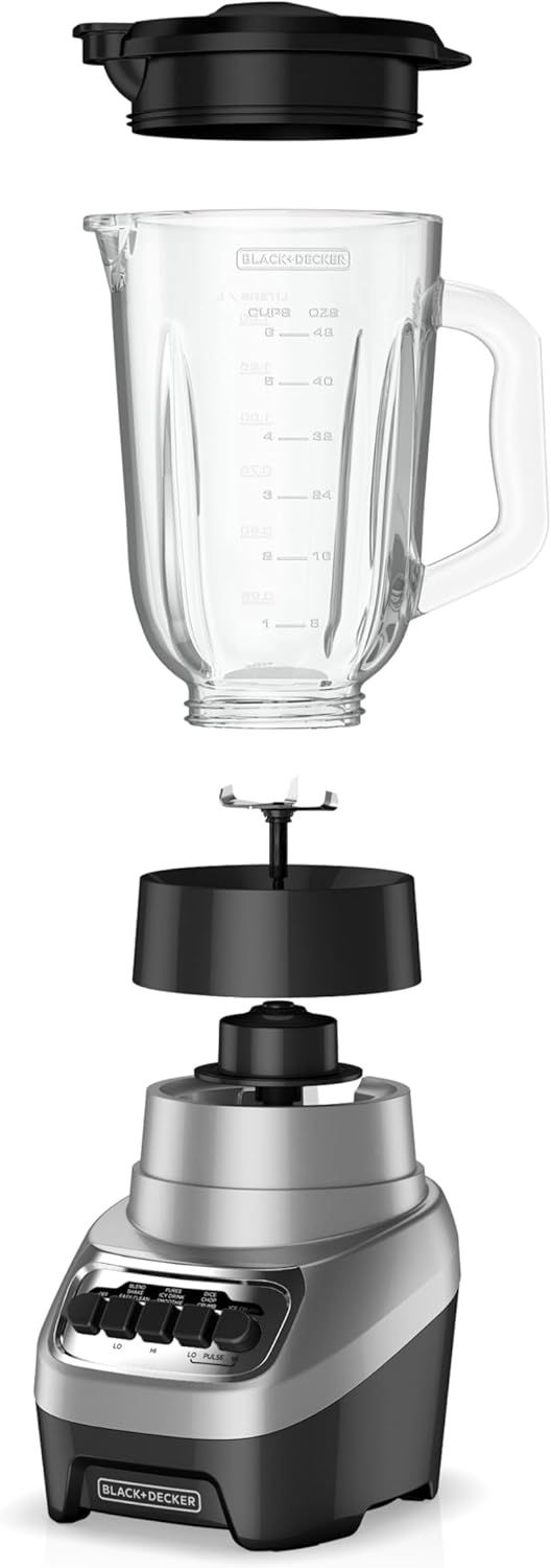 Shows the blender's disassembled parts to help shoppers understand the product's construction, assembly, and individual components including the lid, jar, blade assembly, and motor base.
