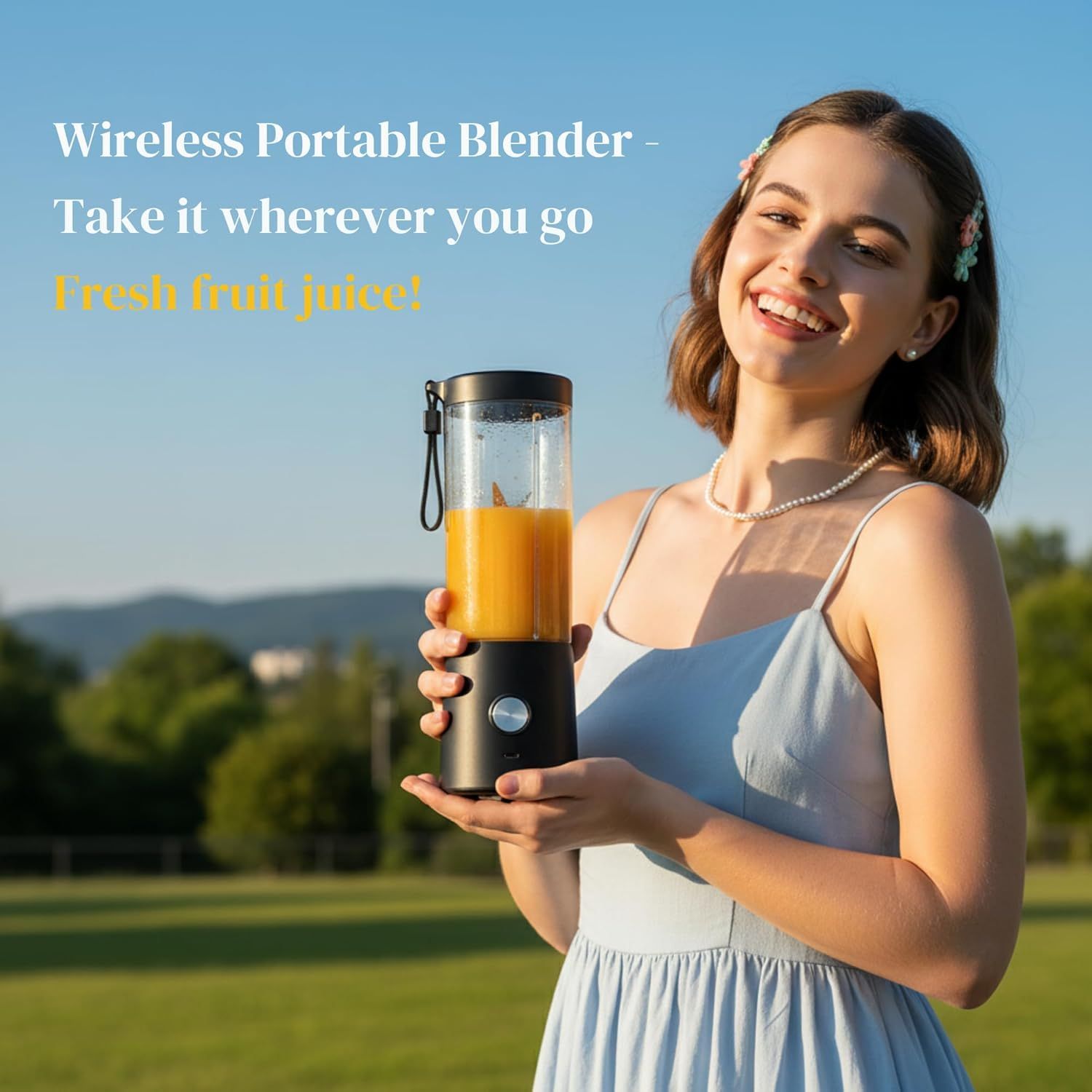 Demonstrates the product in a real-world outdoor lifestyle context, showing the blender being used to make fresh juice on the go, emphasizing portability and convenience.