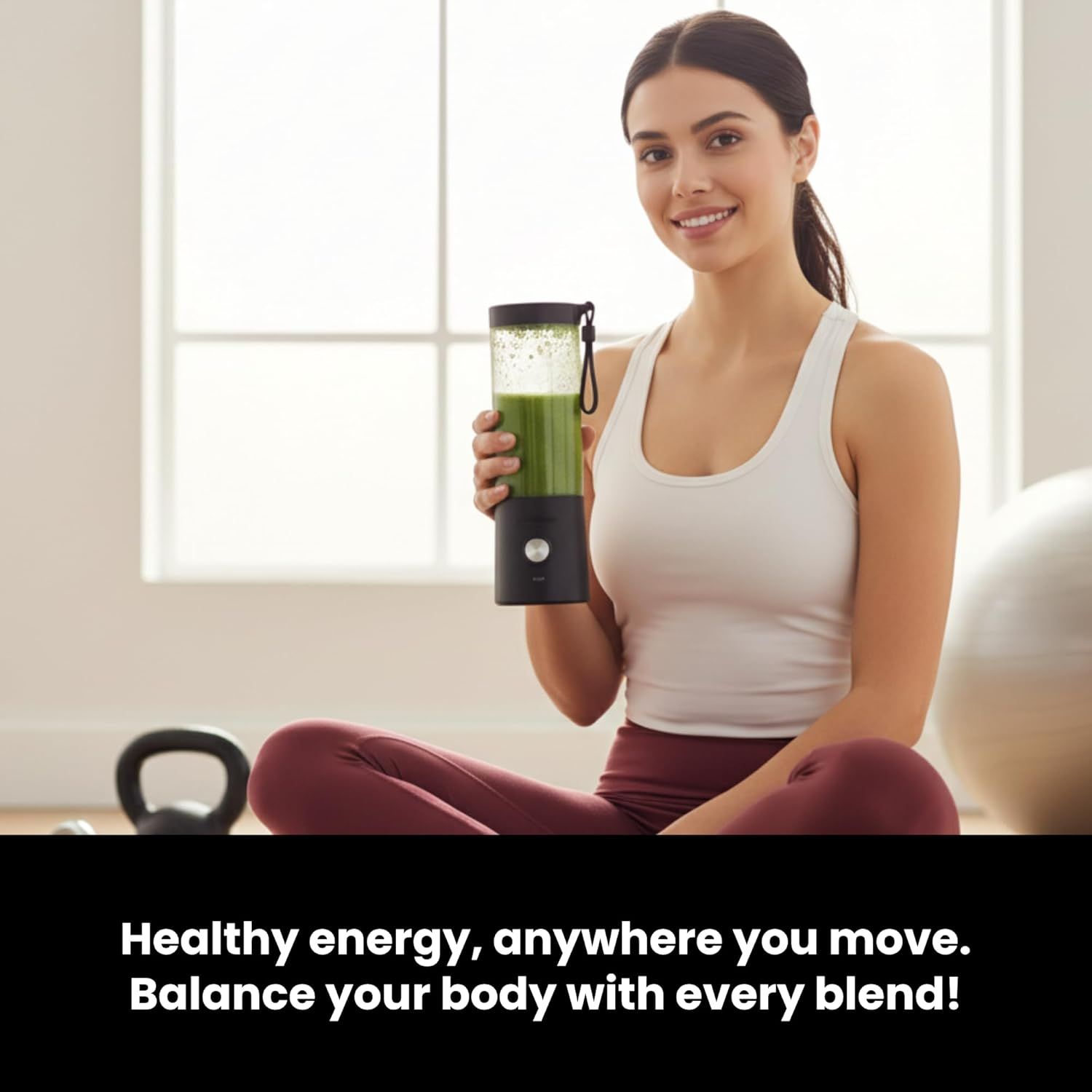 Communicates the product's portability and health benefits, positioning it as a convenient solution for making nutritious smoothies anywhere, appealing to active, health-conscious shoppers.