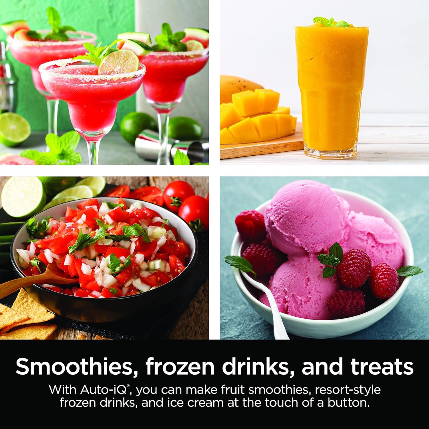 Demonstrates the versatility of the product by showing multiple different recipes and food/drink applications it can create, from frozen cocktails to smoothies to ice cream to fresh salsa.