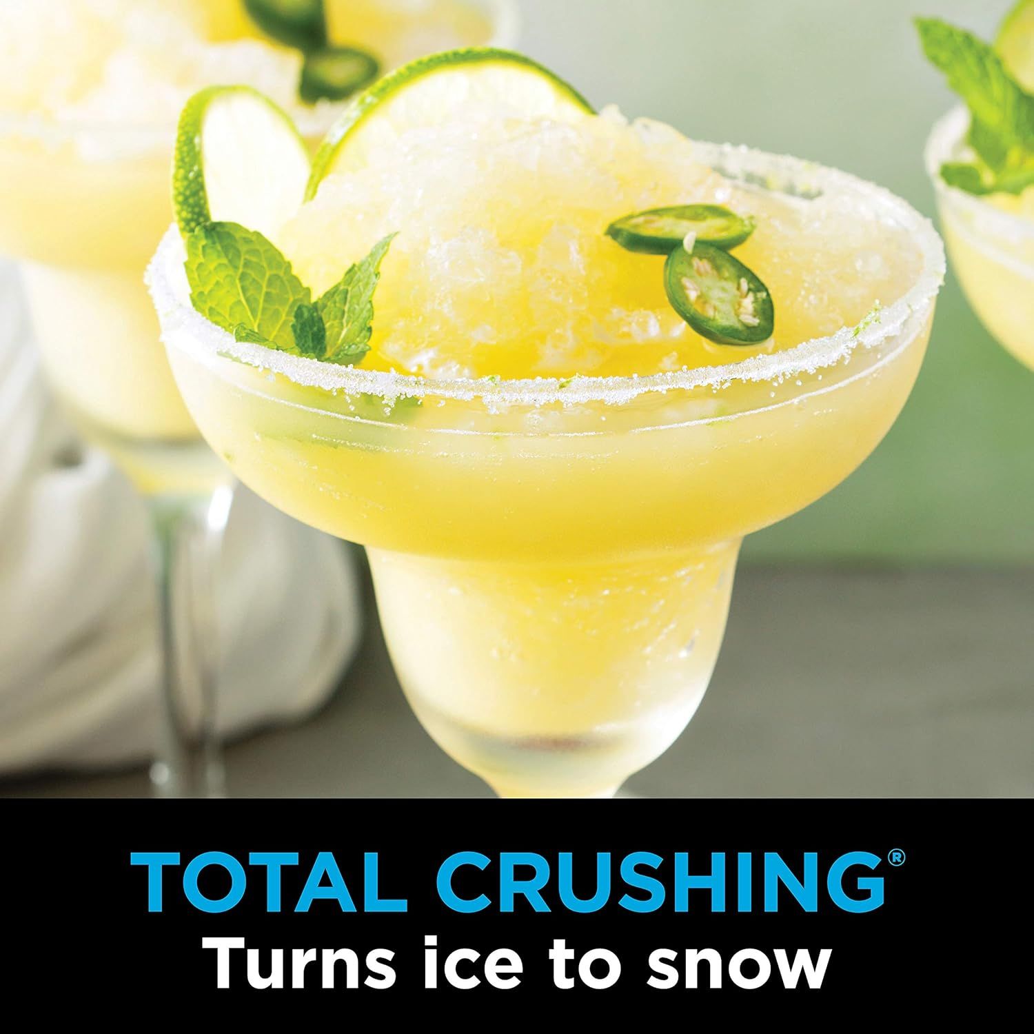 Communicates the blender's powerful crushing capability that transforms ice into a smooth, snow-like consistency, ideal for frozen drinks and cocktails.