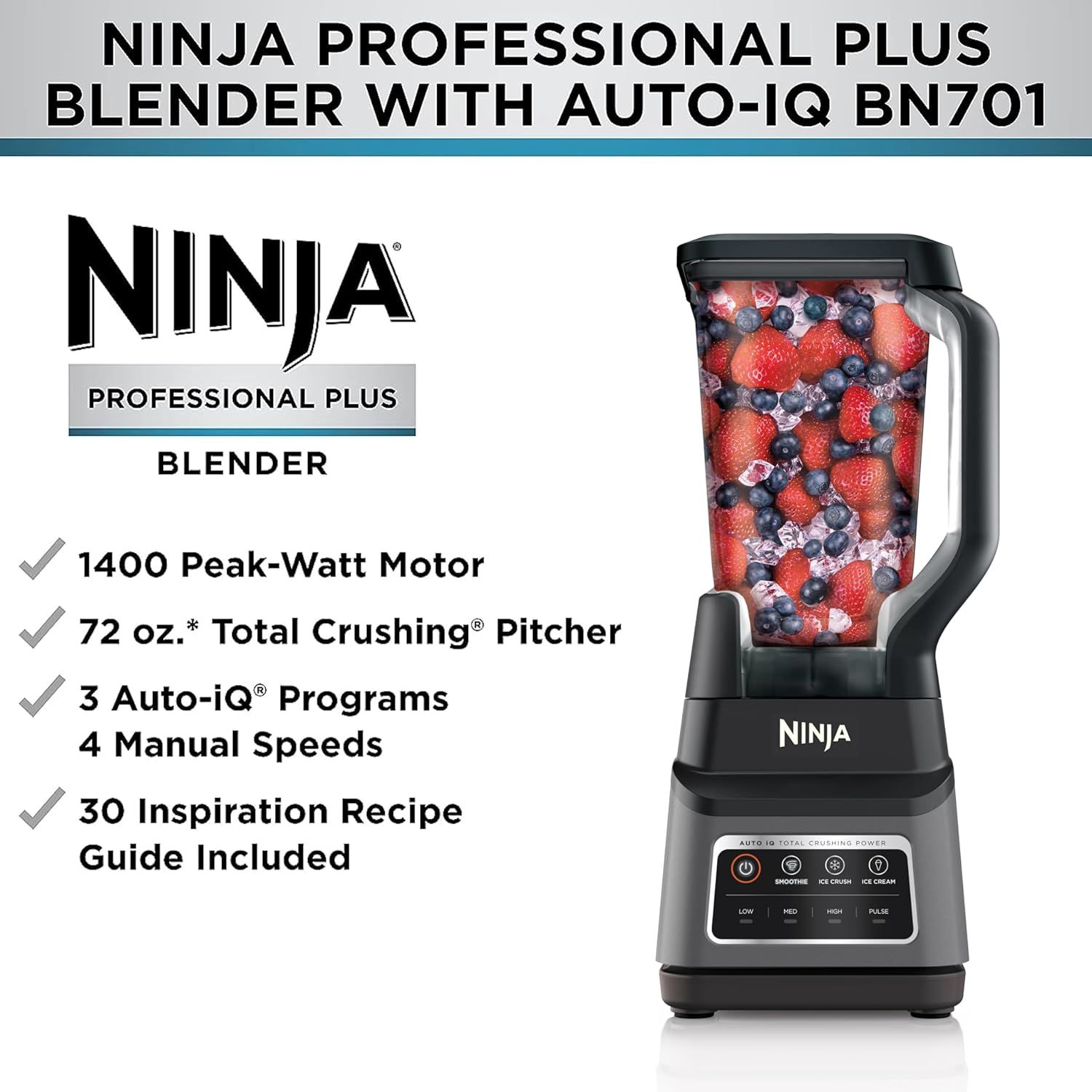 Communicates multiple key features and benefits of the Ninja Professional Plus Blender in a segmented checklist format to help shoppers understand the product's capabilities and value proposition.