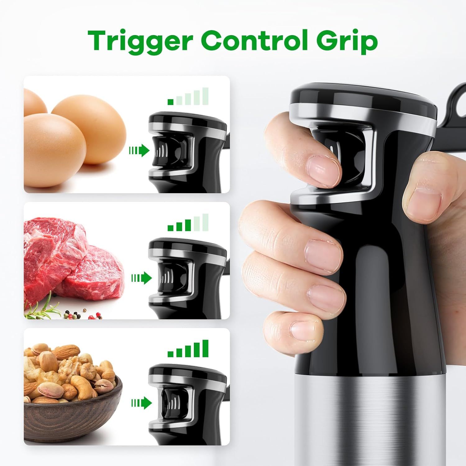Demonstrates the product's versatility by showing it can handle multiple food types—eggs, meat, and nuts—with adjustable trigger control for different grinding intensities. Highlights the ergonomic…