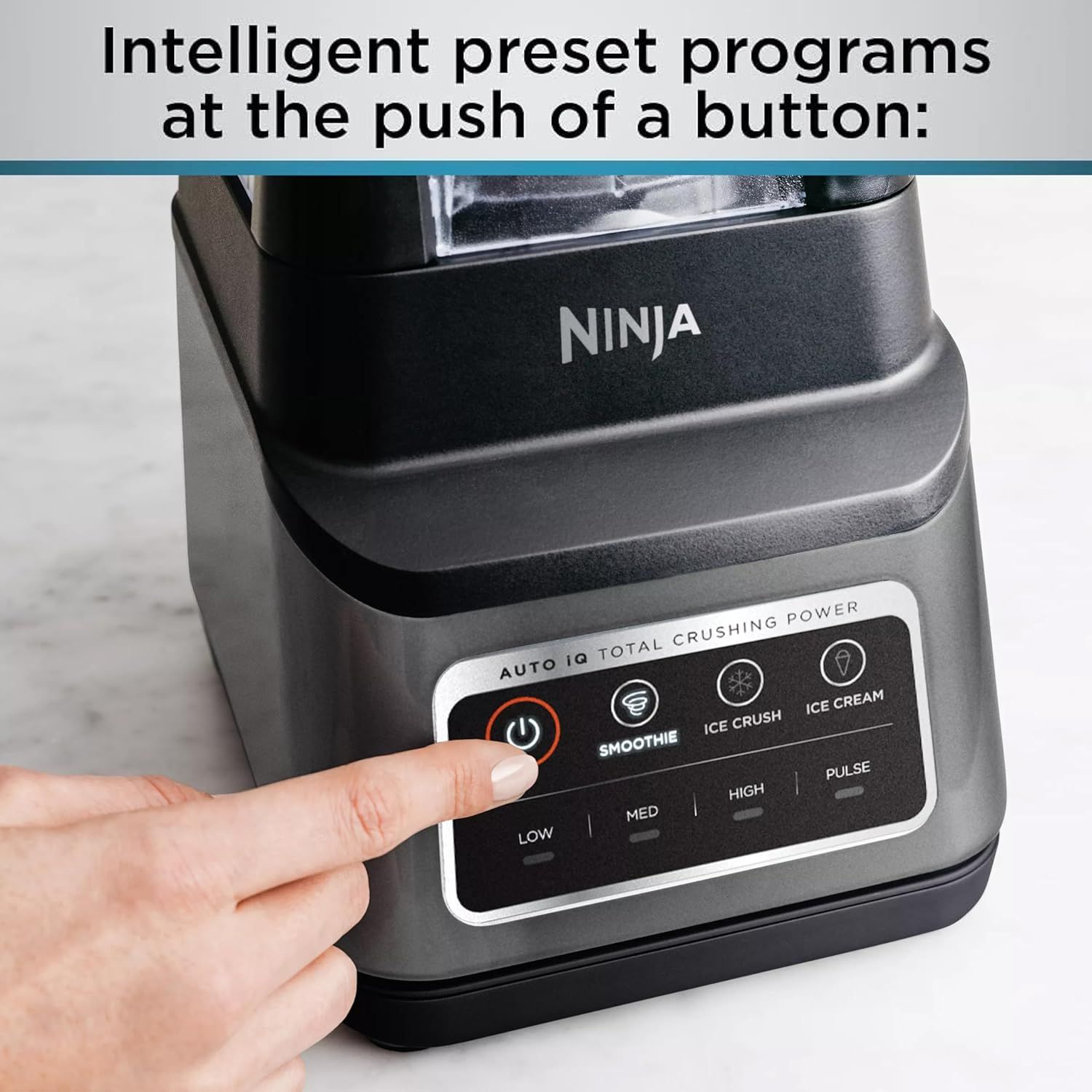 Highlights the convenience of intelligent preset programs that can be activated with a single button press, reassuring shoppers that the blender is easy to use and takes the guesswork out of blending.