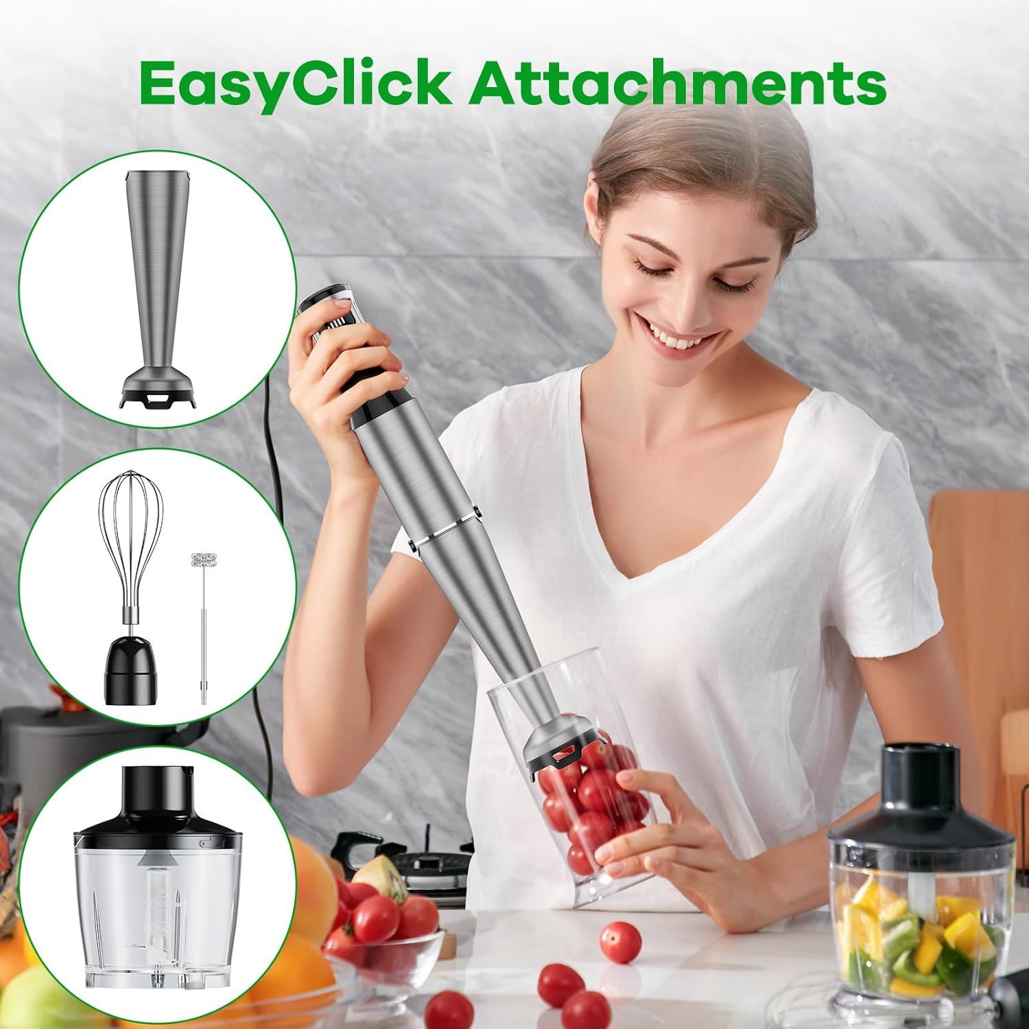 Demonstrates the product's versatility by showing three different attachments (blending blade, whisk, and chopper bowl) that enable multiple kitchen applications, reassuring shoppers of the…