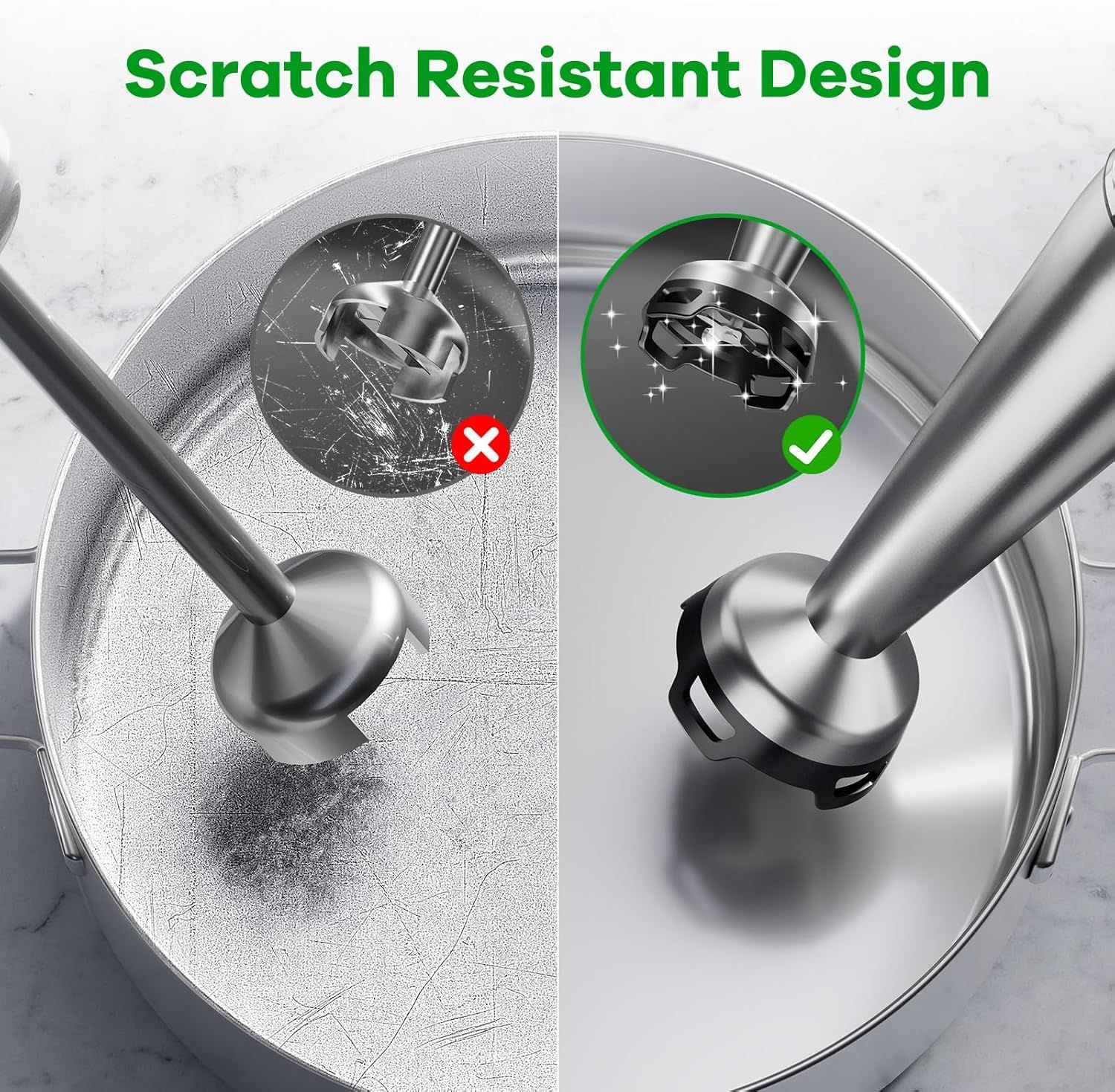 Demonstrates the product's scratch-resistant coating by showing a before-and-after comparison, proving that the improved design prevents surface damage and maintains a pristine appearance.…