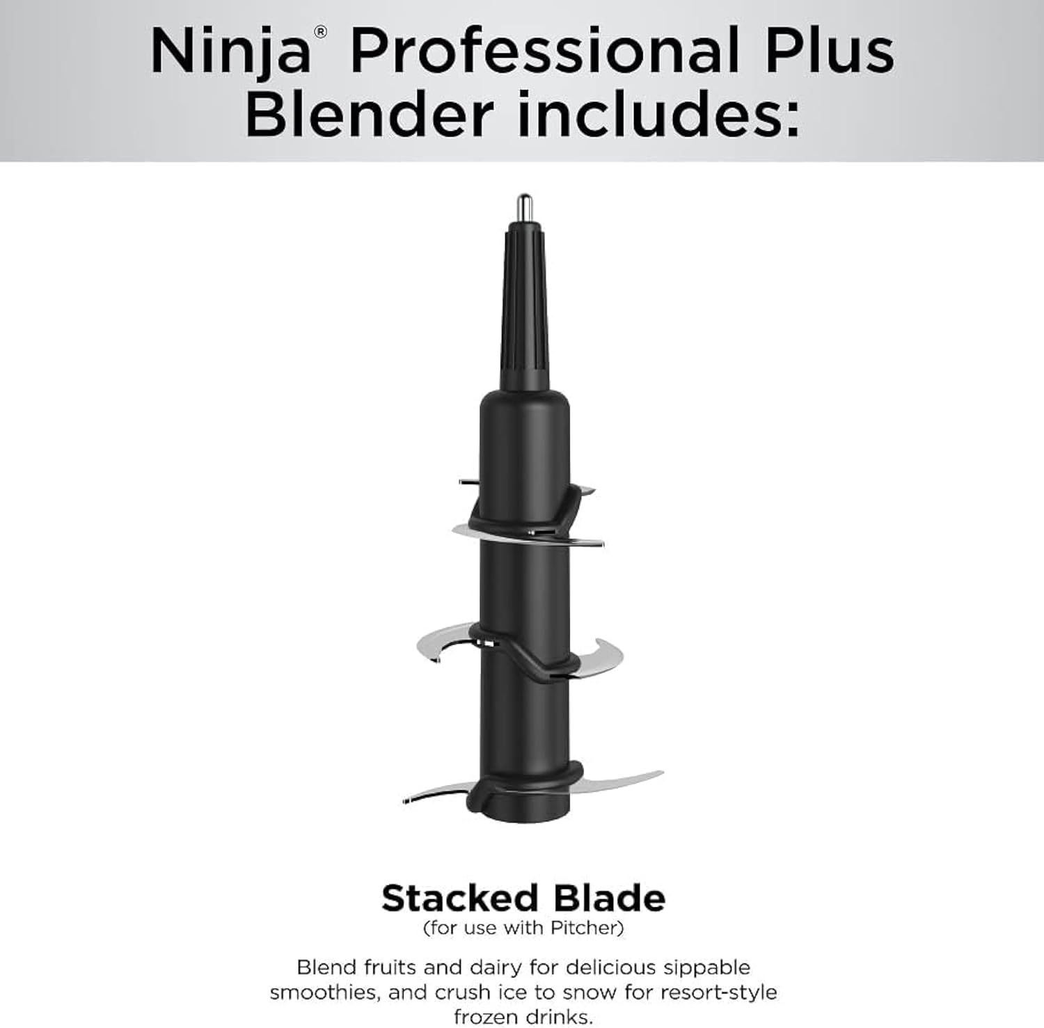 Shows one of the included accessories (stacked blade) that comes with the Ninja Professional Plus Blender, explaining its specific use for blending smoothies and crushing ice. Highlights the…