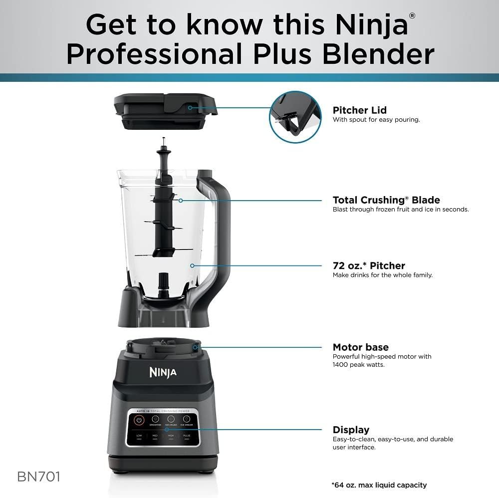 This image breaks down the Ninja blender into its key physical components with labeled callouts, helping shoppers understand the product's construction and what each part does.