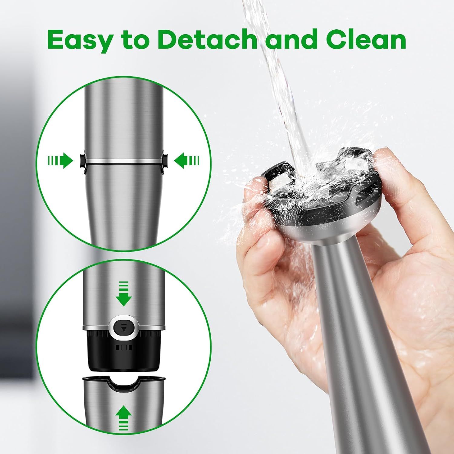 Demonstrates the simple two-step process for detaching and cleaning the blender components, reassuring shoppers that maintenance is quick and hassle-free. Highlights the product's easy-to-clean…