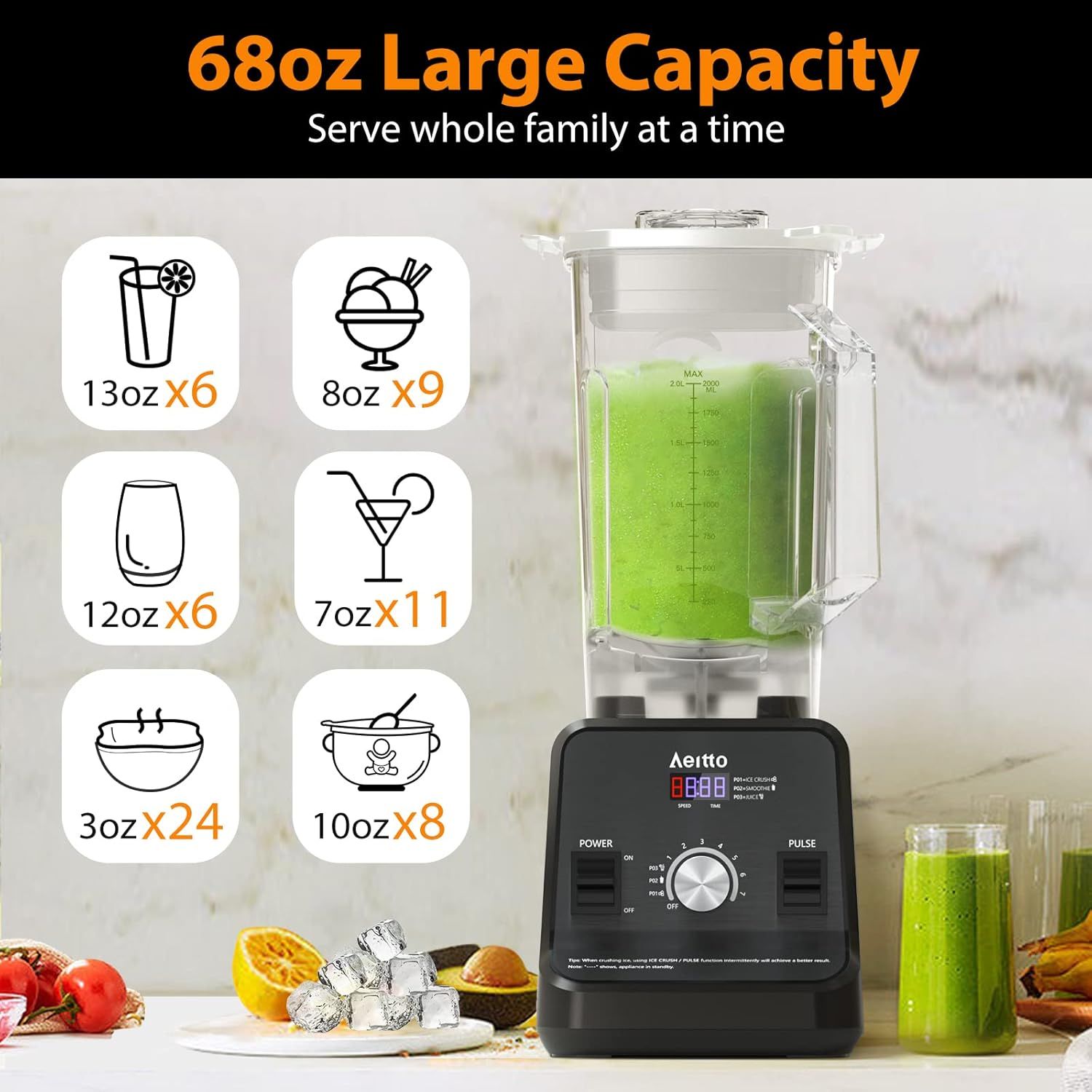 Communicates the blender's large 68oz capacity by showing how many servings it can make at once across different drink types, emphasizing its ability to serve the whole family. Highlights the key…