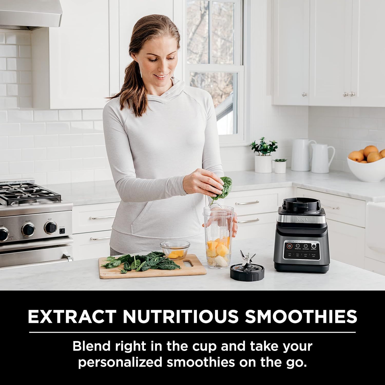 Communicates the convenience of blending directly in a portable cup for on-the-go smoothies, emphasizing ease of use and portability.