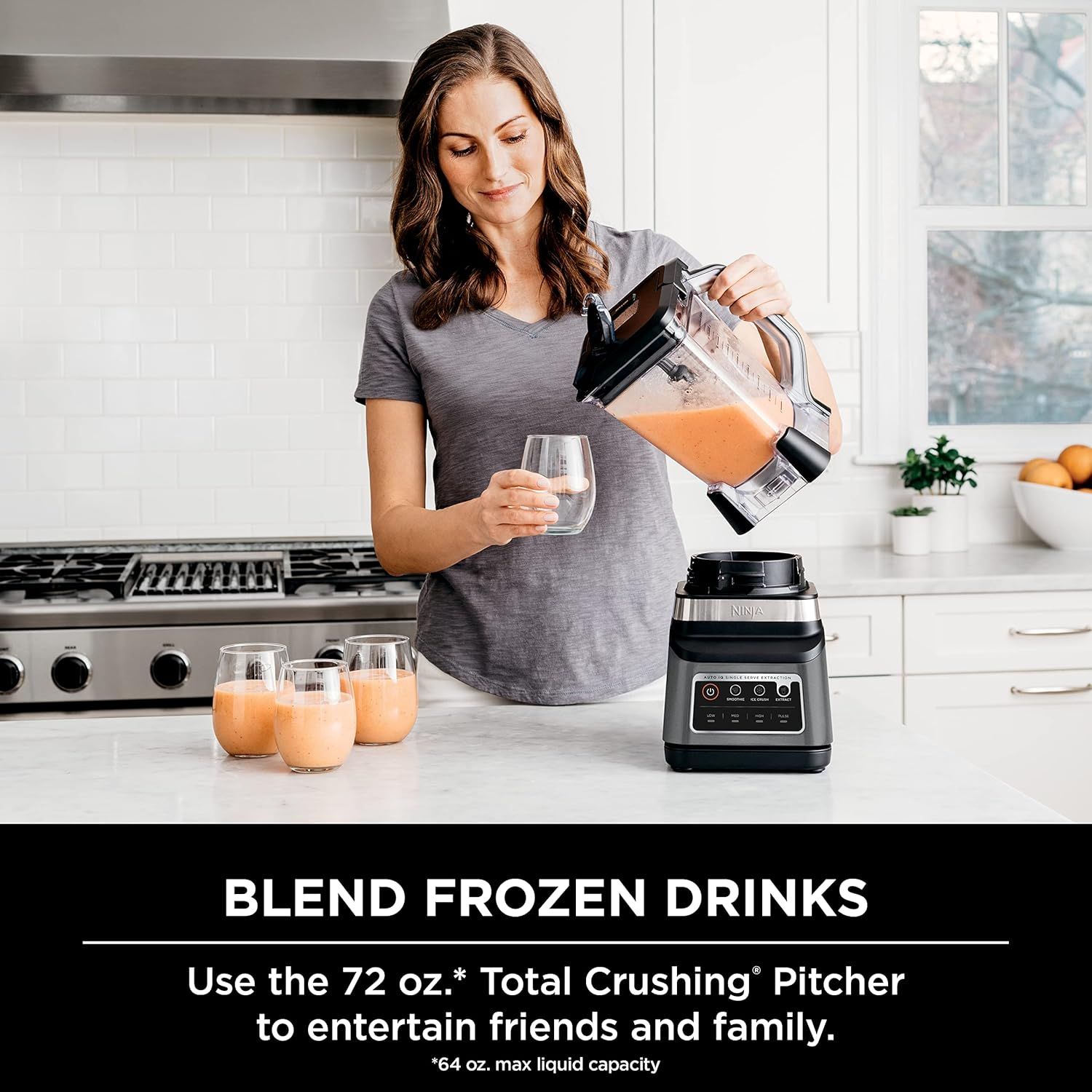 Demonstrates a specific use case for the blender—making frozen drinks to entertain friends and family—showing the product in action within a real kitchen setting. Highlights the 72 oz. Total…