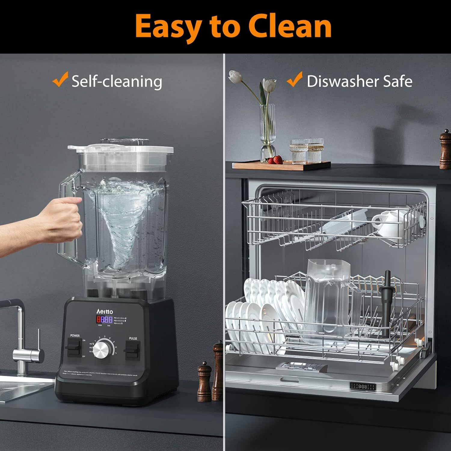 Communicates the product's ease of maintenance by highlighting two distinct cleaning benefits: self-cleaning capability and dishwasher-safe design, reassuring shoppers that cleanup is effortless.