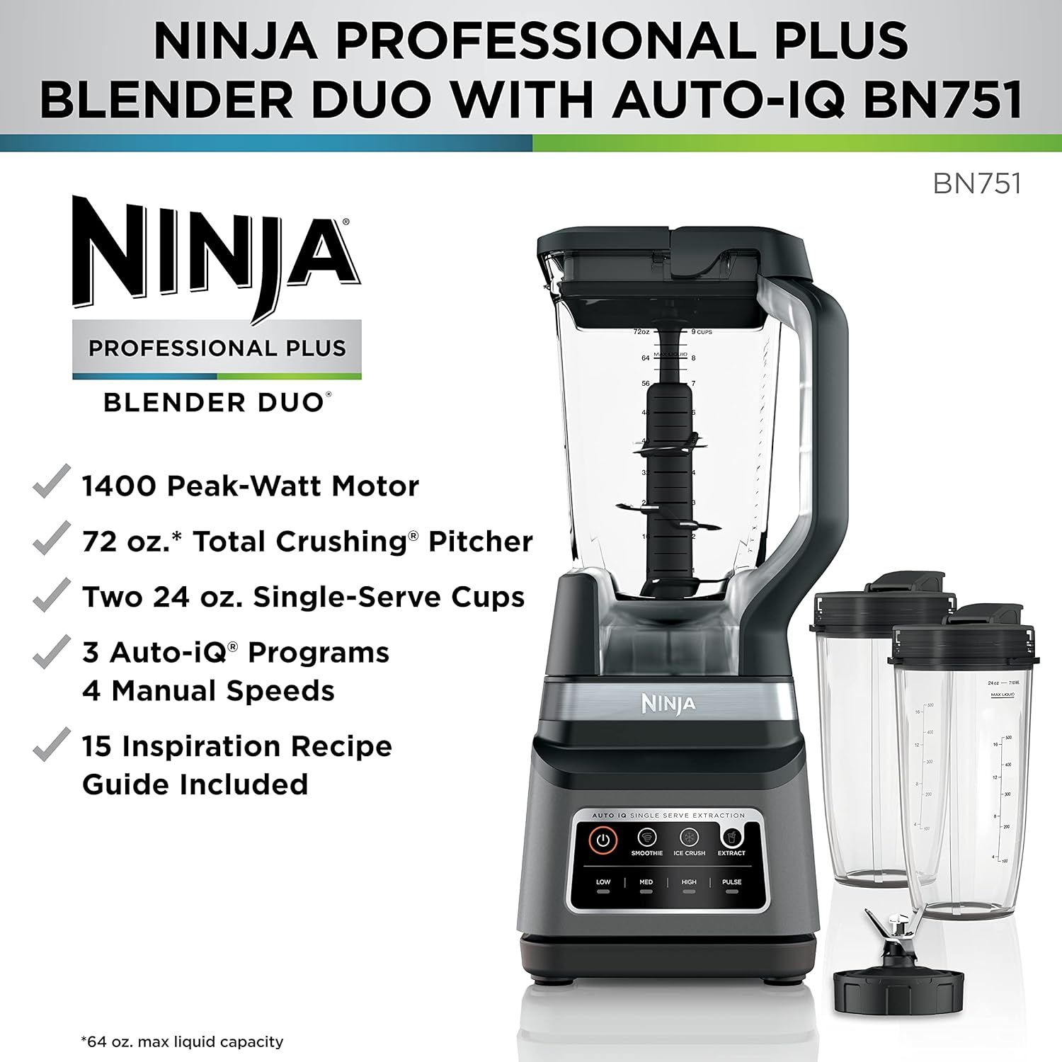 Shows the complete bundle of items included with the blender purchase, helping shoppers understand the full value and versatility of the package. Highlights multiple key product features and…