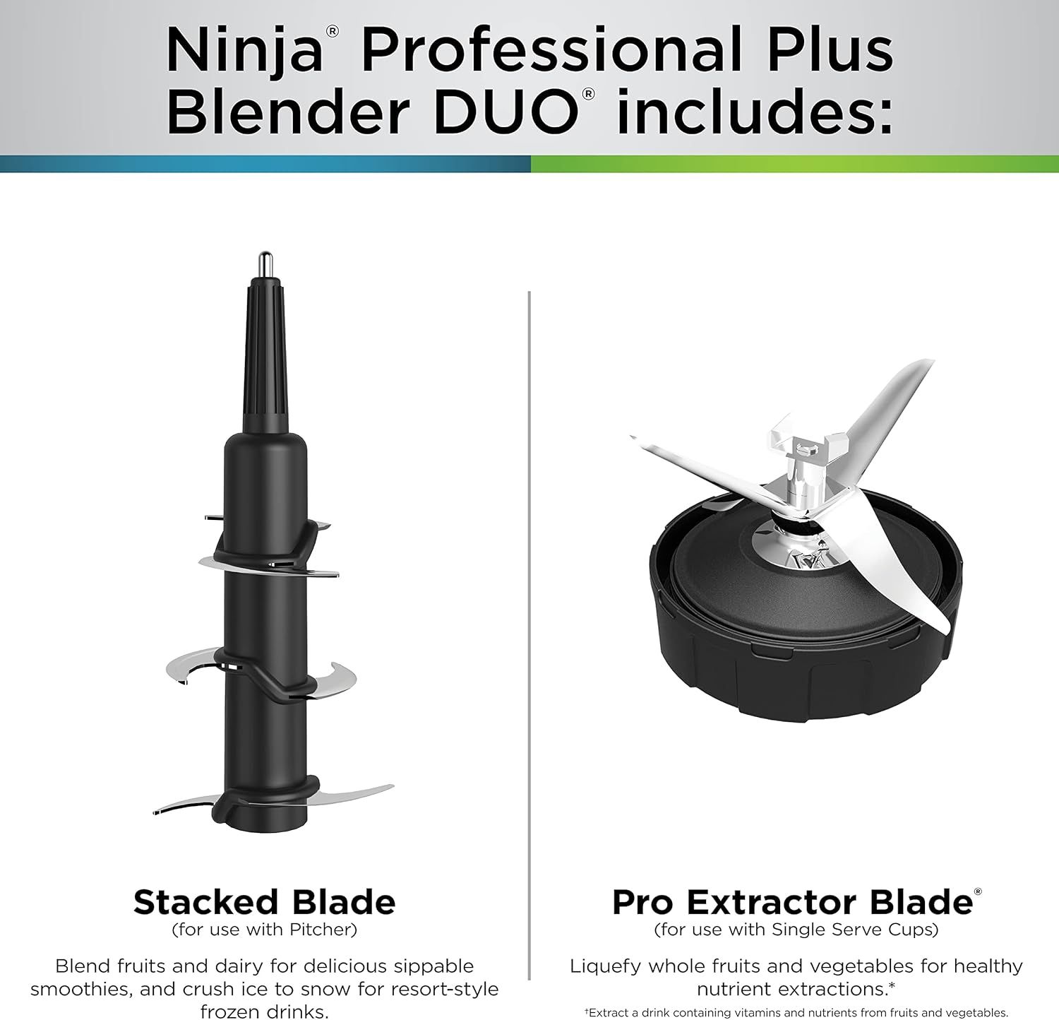 Shows the customer exactly what blades are included with the Ninja Professional Plus Blender DUO and explains the specific use case for each blade attachment.