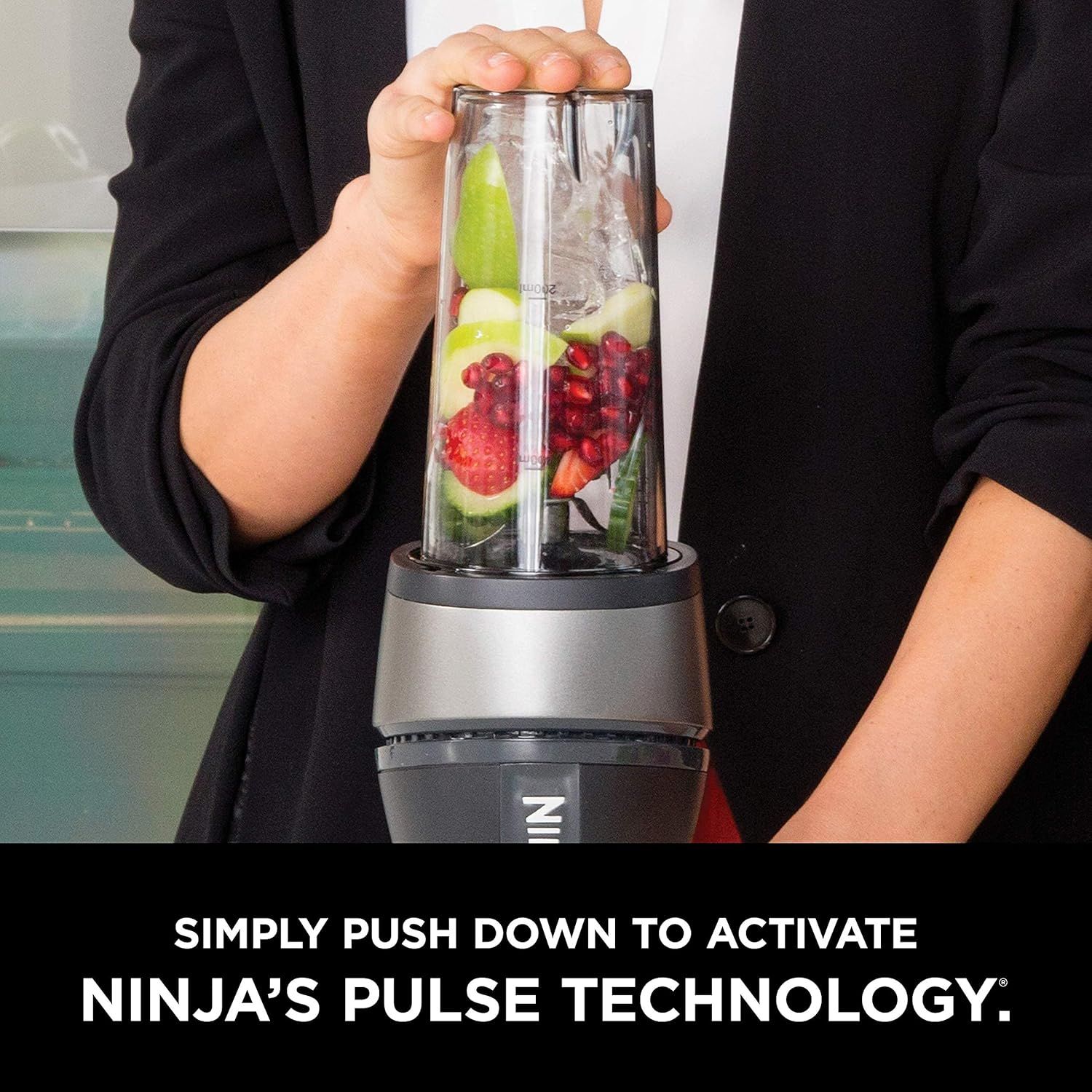 Demonstrates the simple activation method for the blender, reassuring shoppers that the product is easy to use with just a push-down motion. Highlights the convenience and simplicity of operating…